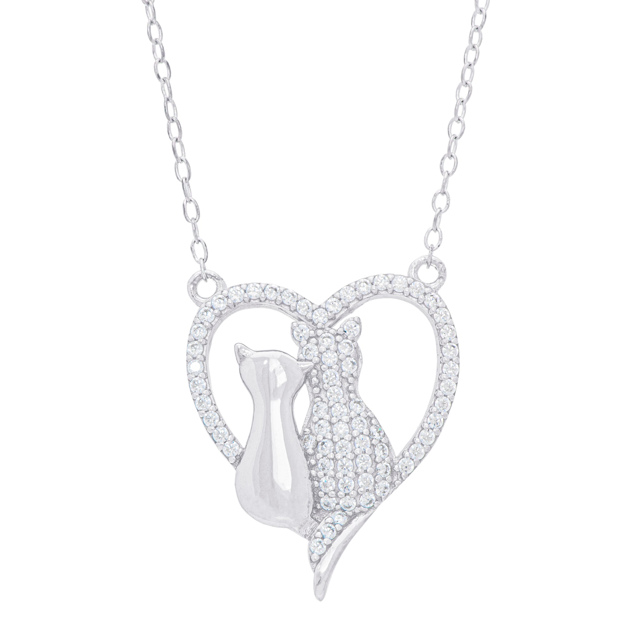Sterling Silver Cubic Zirconia Double Cat in Heart Necklace - chicjewelry4u.com