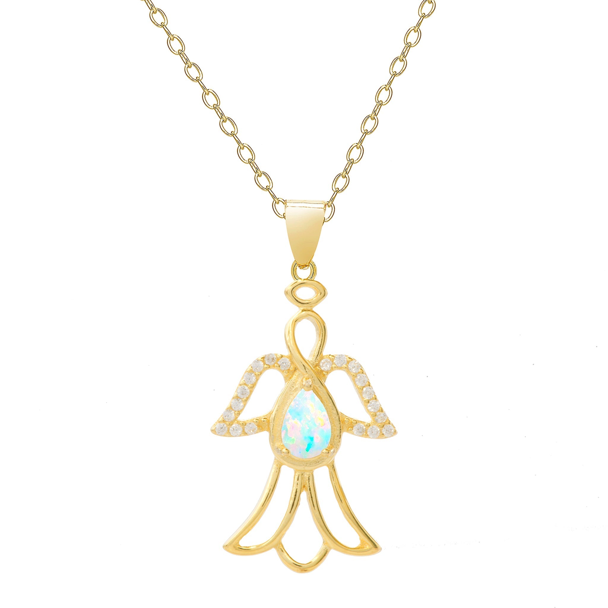 18K Gold Over S. Silver CZ & Lab Opal Gemstone Angel Pendant
