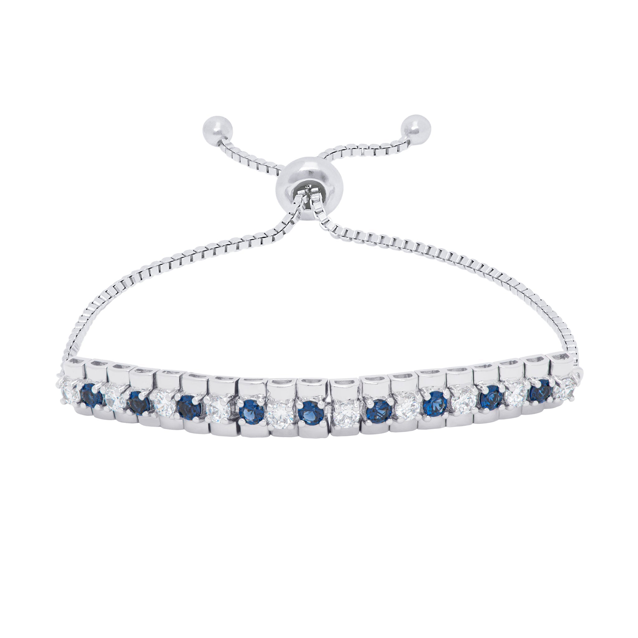Simulated Sapphire and Cubic Zirconia Adjustable Bolo Bracelet in Fine Silver Plate - chicjewelry4u.com