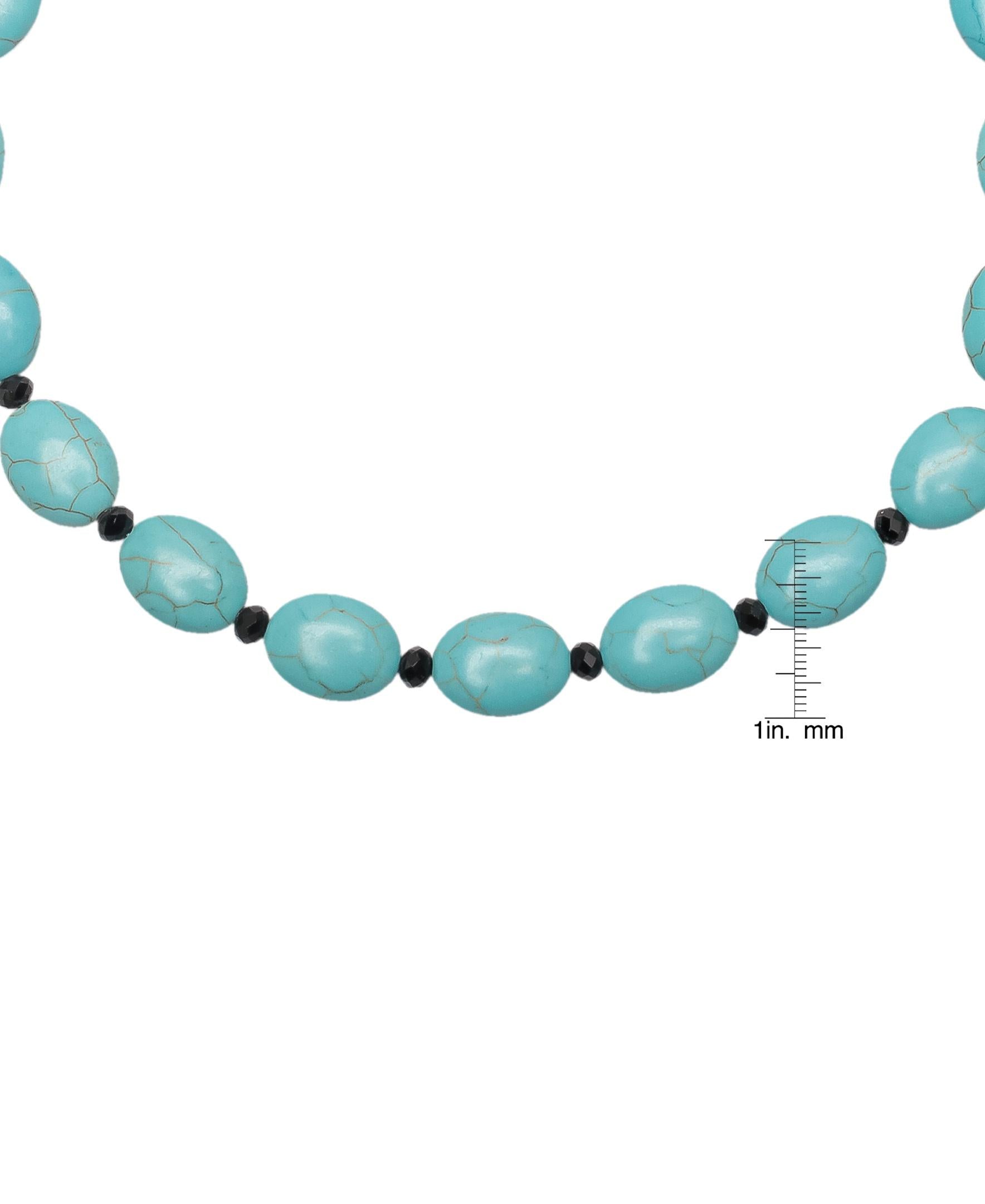 Silver Plated Flat Turquoise Dyed Howlite & Black Bead Necklace