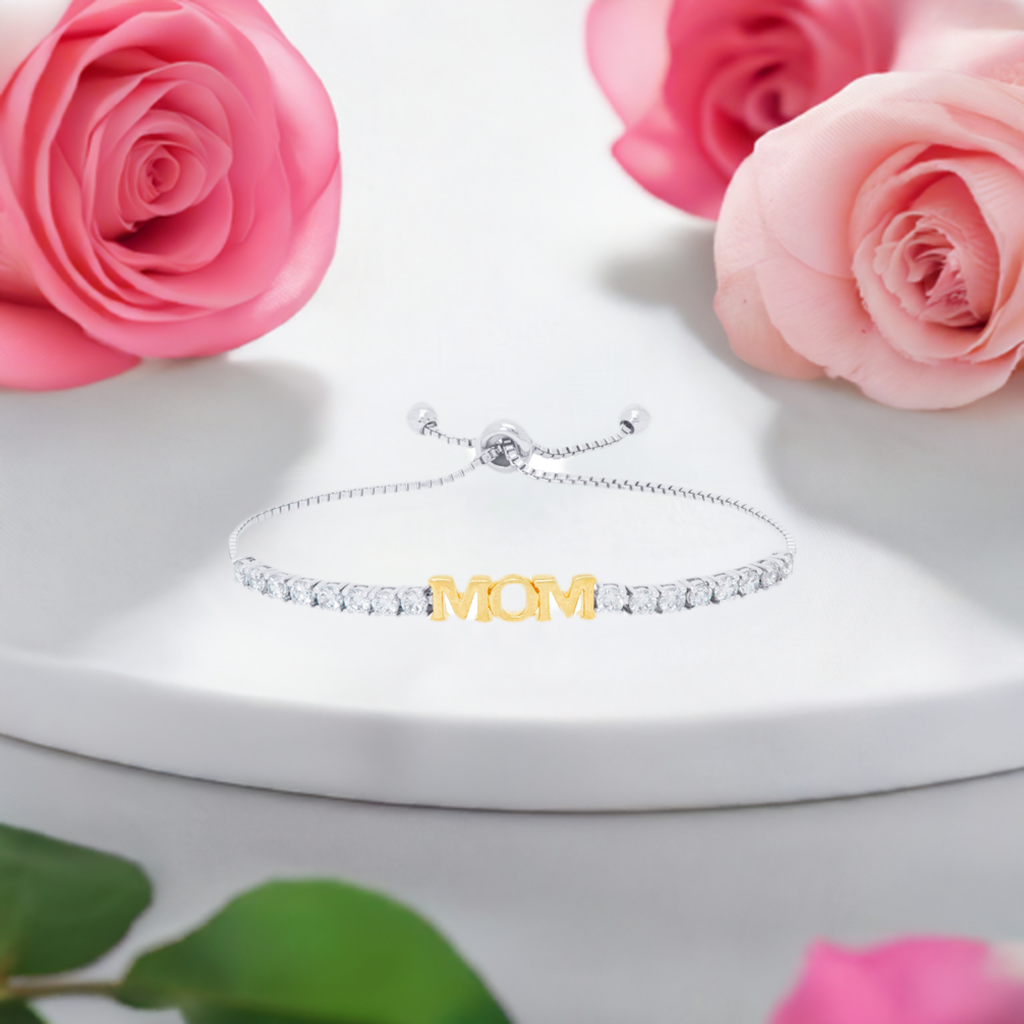 Gold Plated Cubic Zirconia 'Mom' Adjustable Bracelet