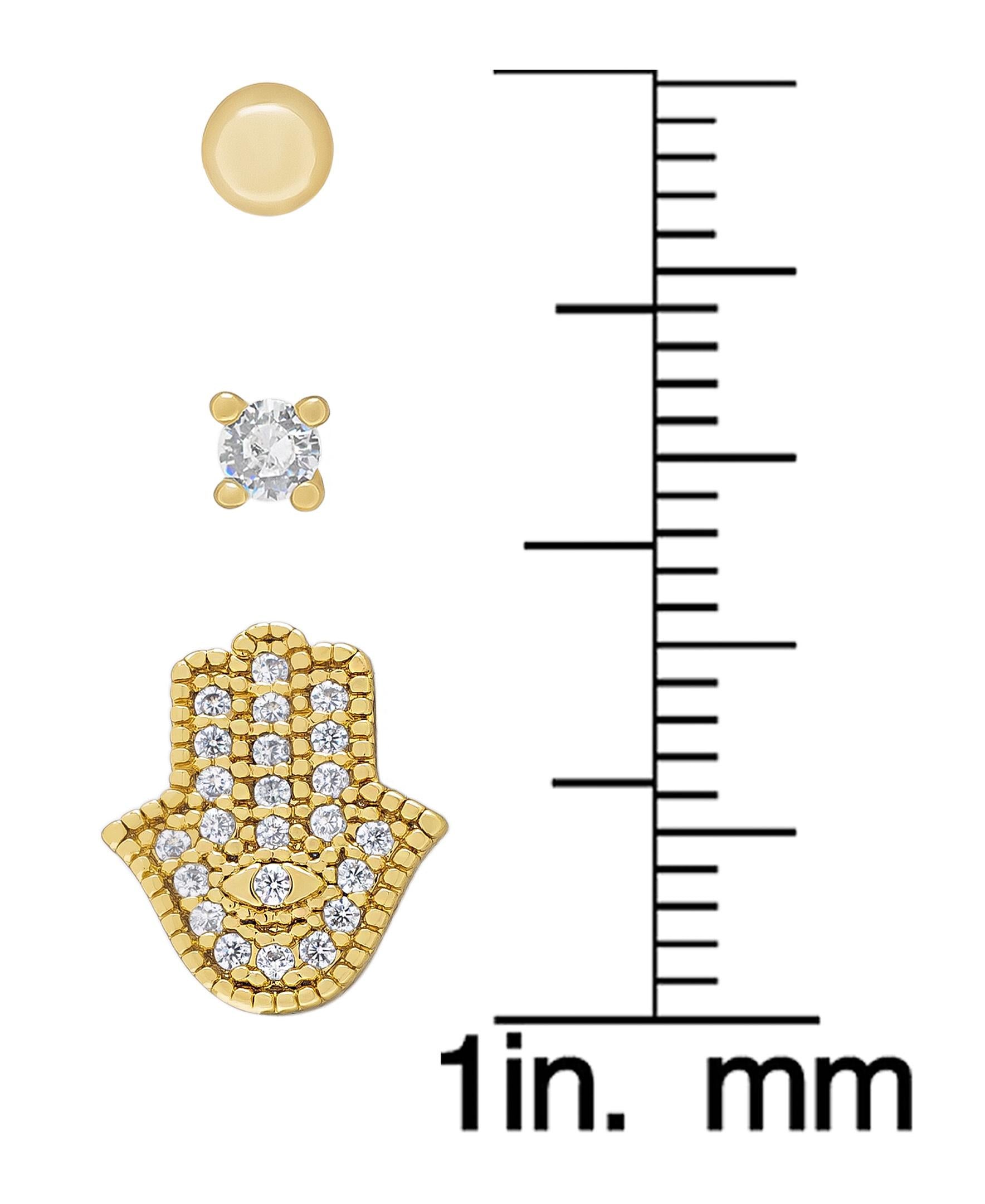 Gold Plated Ball, CZ Round & Hamsa Hand Stud Set Earrings