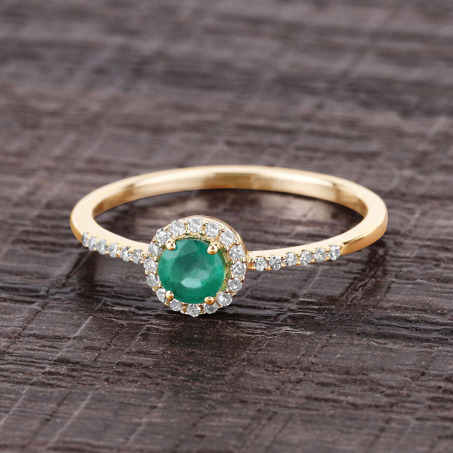 0.34 Carat Genuine Zambian Emerald and White Diamond 14K Yellow Gold Ring