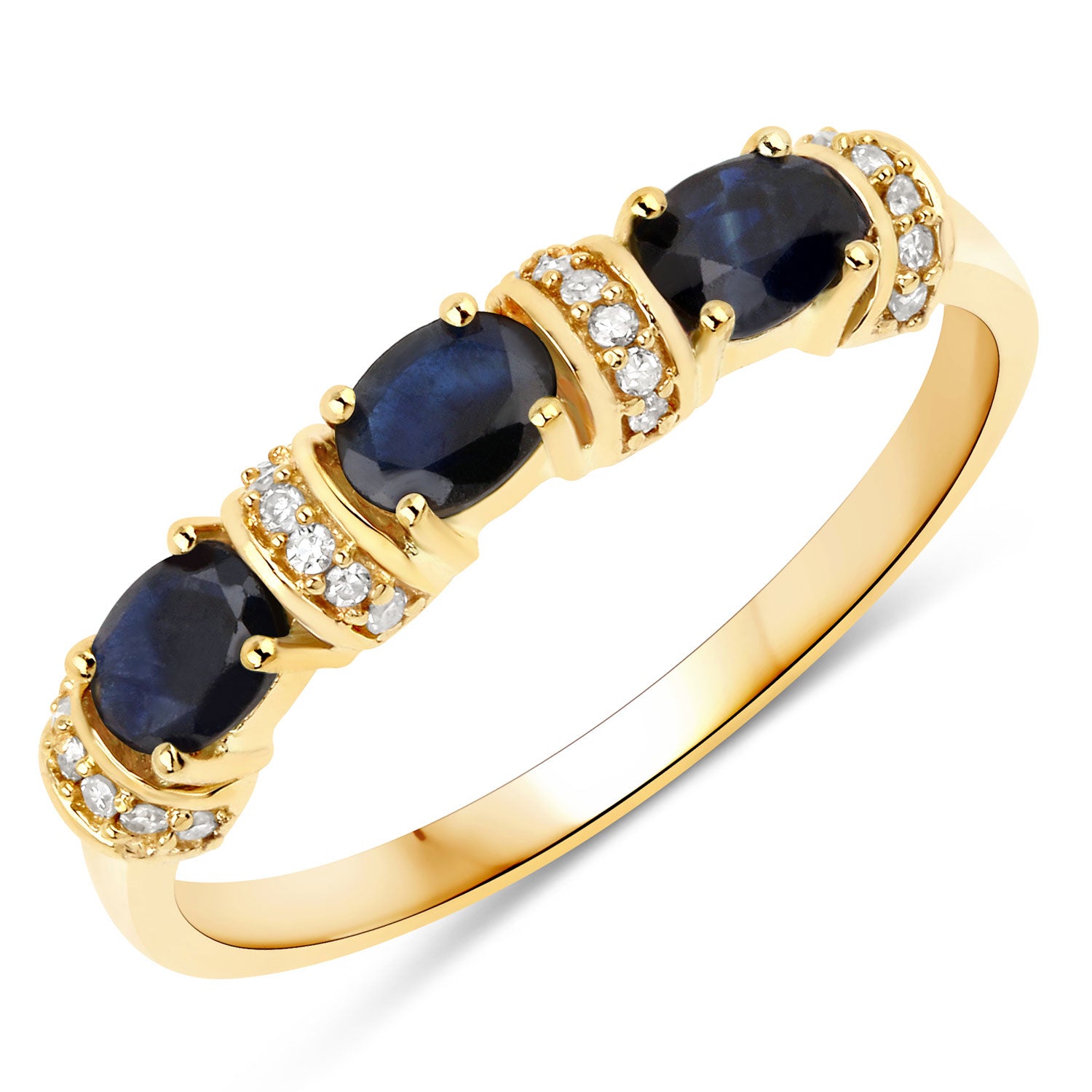 0.67 Carat Genuine Blue Sapphire 3 and White Diamond 14K Yellow Gold Ring