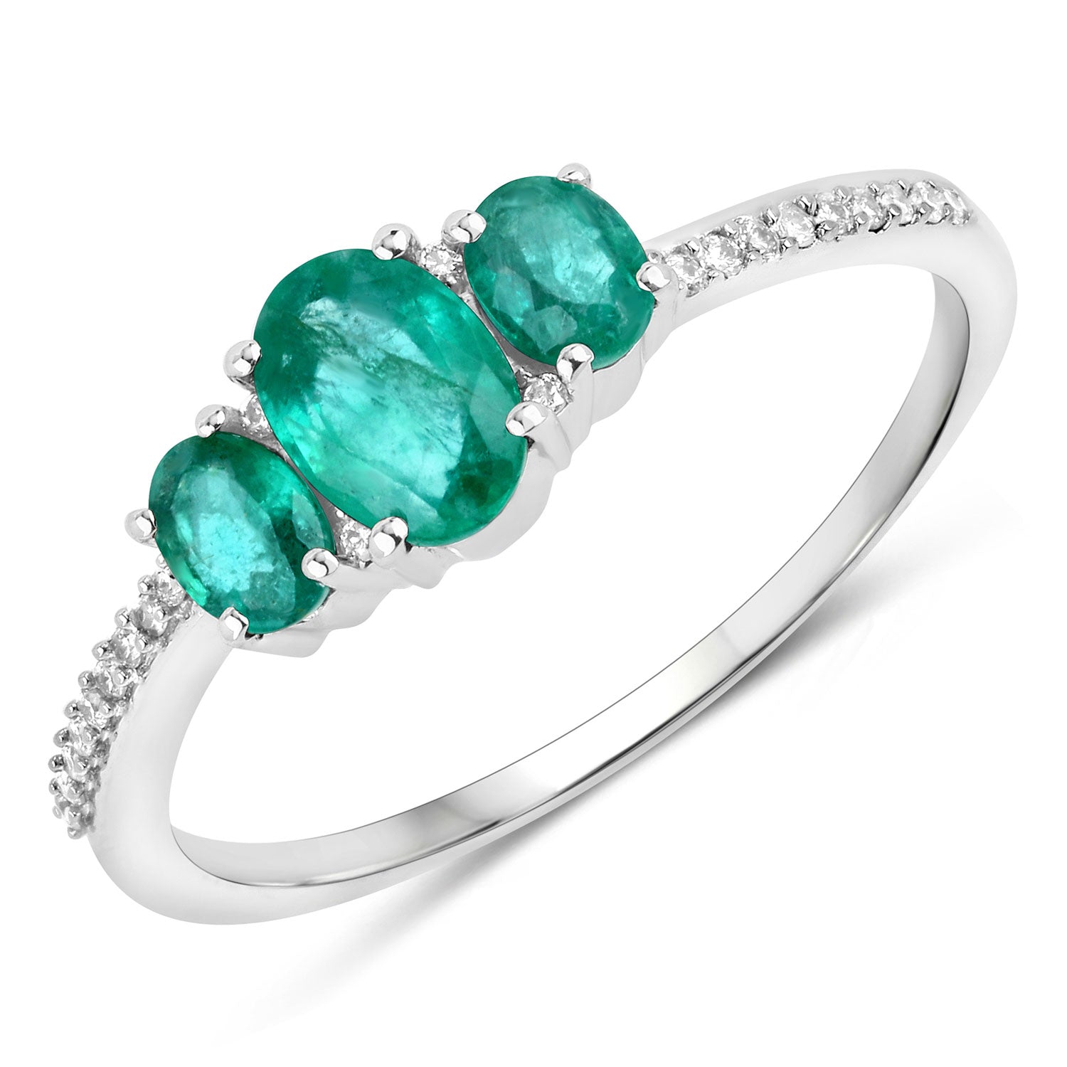 0.80 Carat Genuine Zambian Emerald and White Diamond 14K White Gold Ring