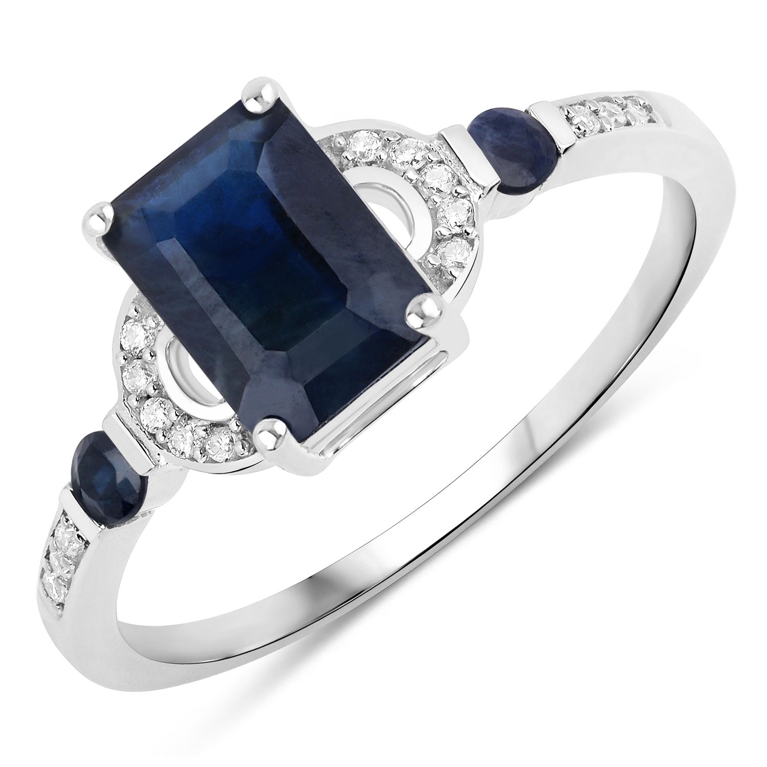 1.64 Carat Genuine Blue Sapphire and White Diamond 14K White Gold Ring