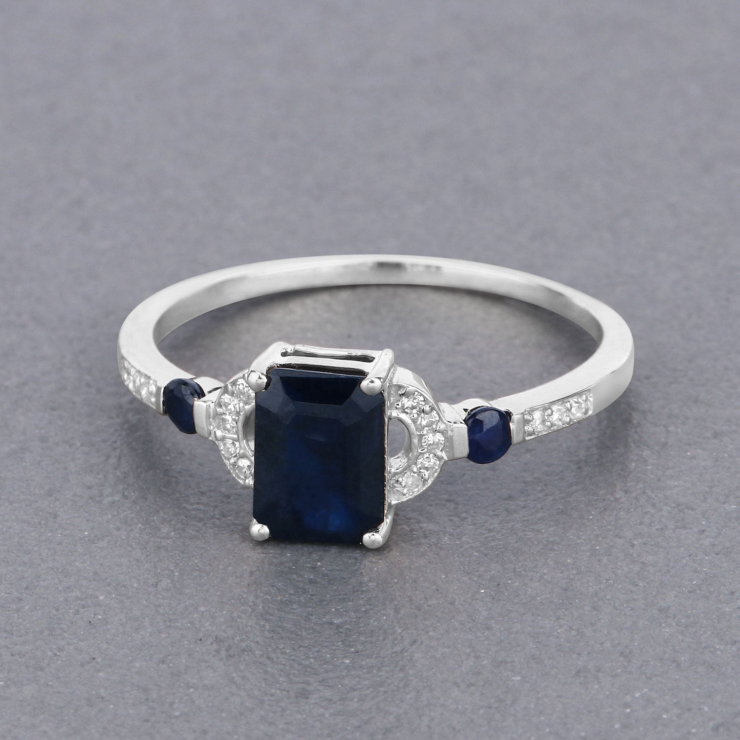 1.64 Carat Genuine Blue Sapphire and White Diamond 14K White Gold Ring
