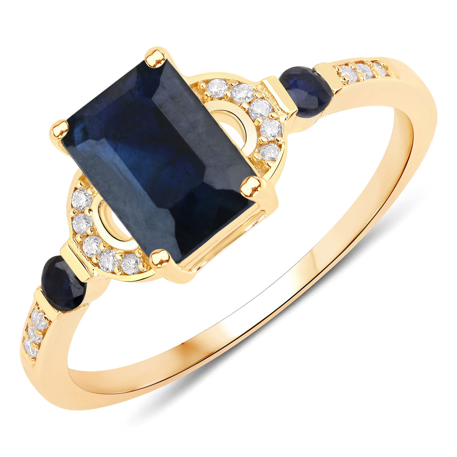 1.64 Carat Genuine Blue Sapphire and White Diamond 14K Yellow Gold Ring