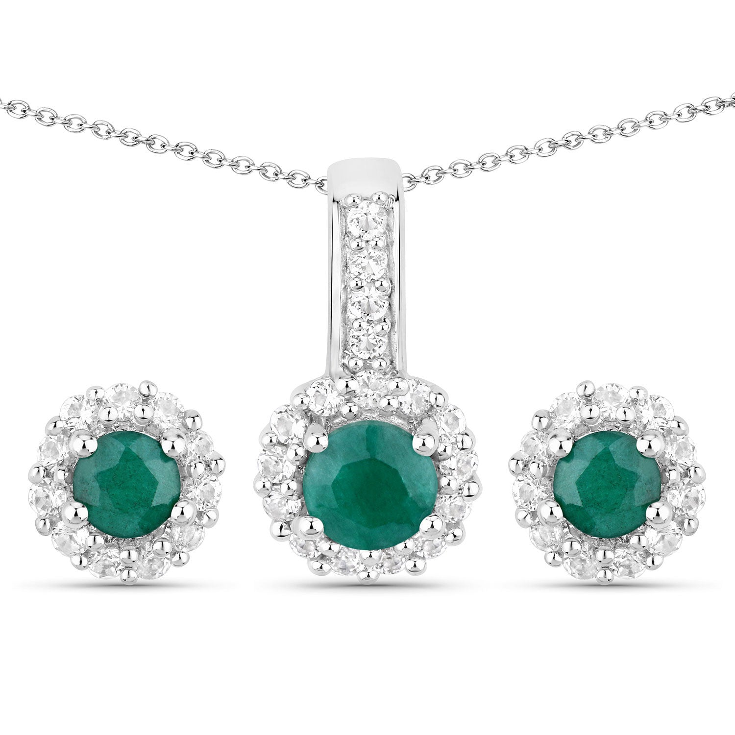 1.81 Carat Dyed Emerald and White Topaz .925 Sterling Silver Jewelry Set