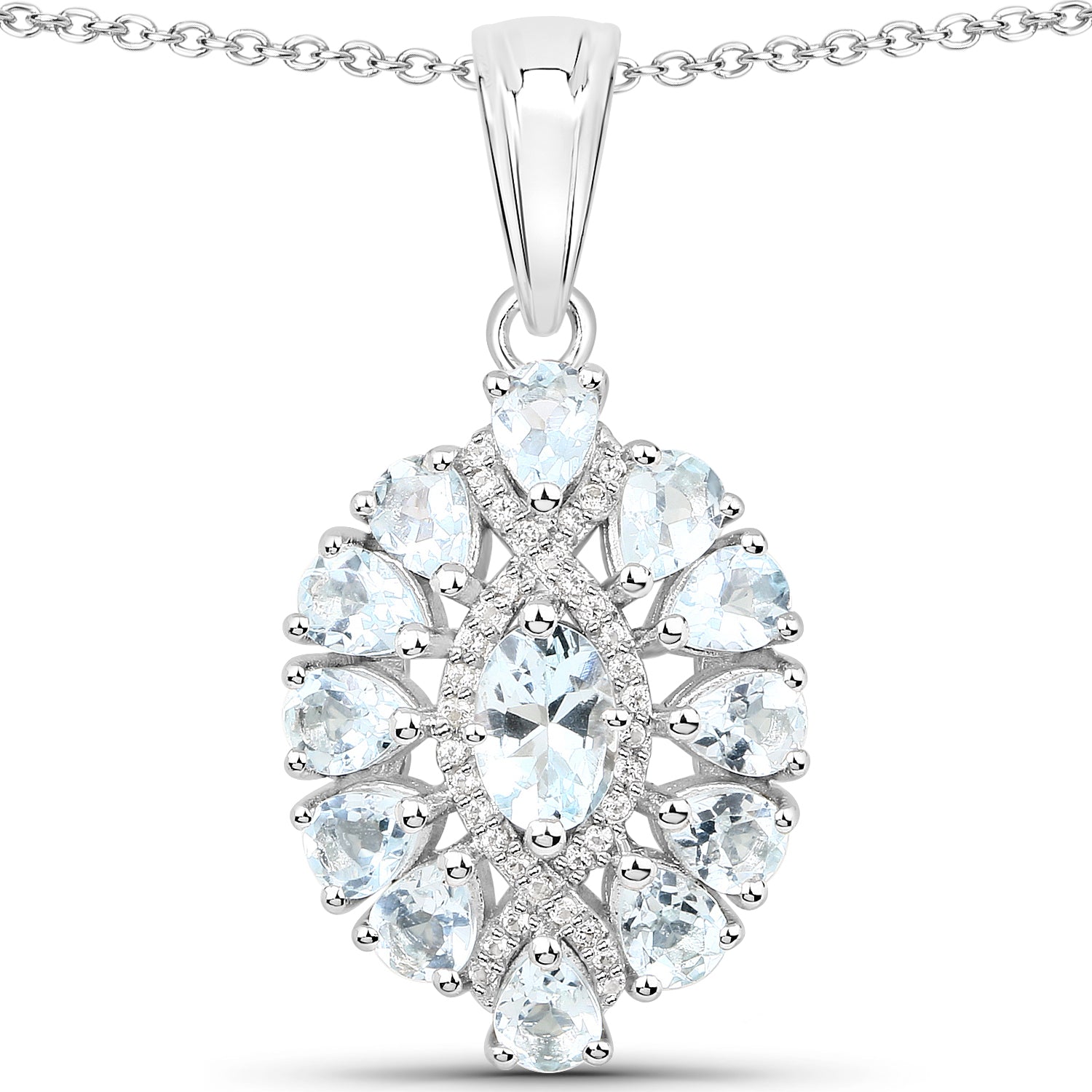 1.89 Carat Genuine Aquamarine and White Topaz .925 Sterling Silver Pendant