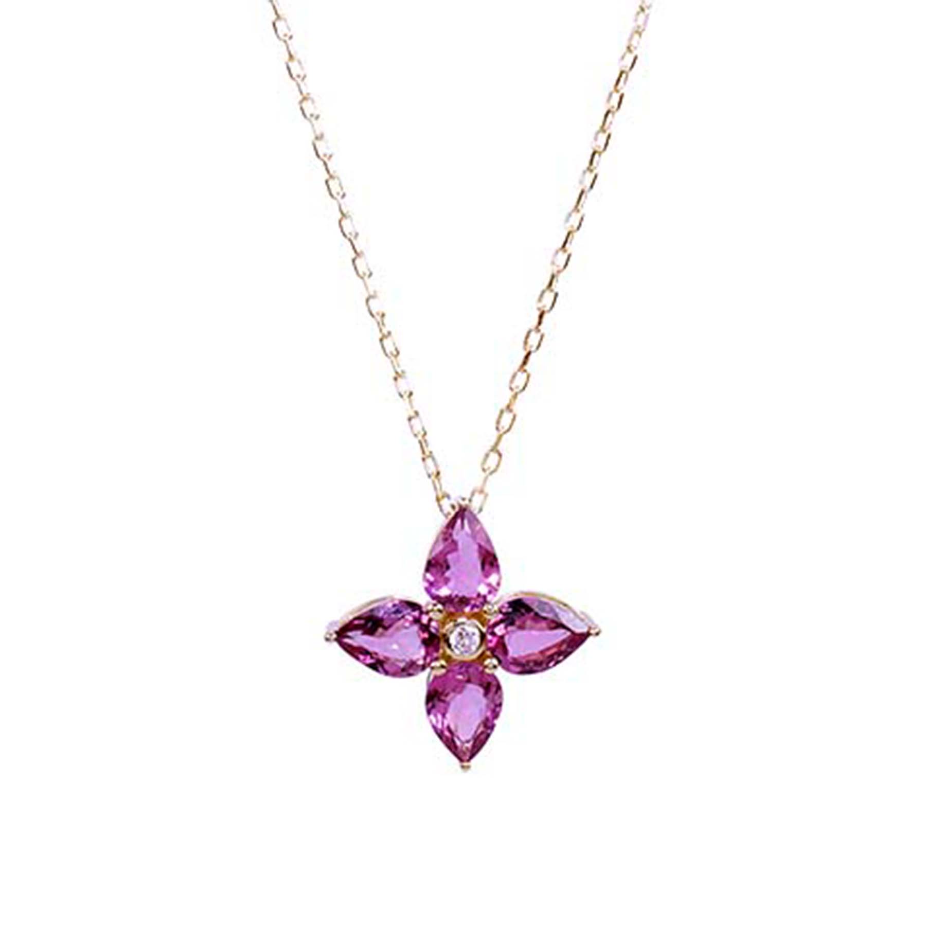 14k Pink Tourmaline Diamond Flower Pendant Necklace 17"