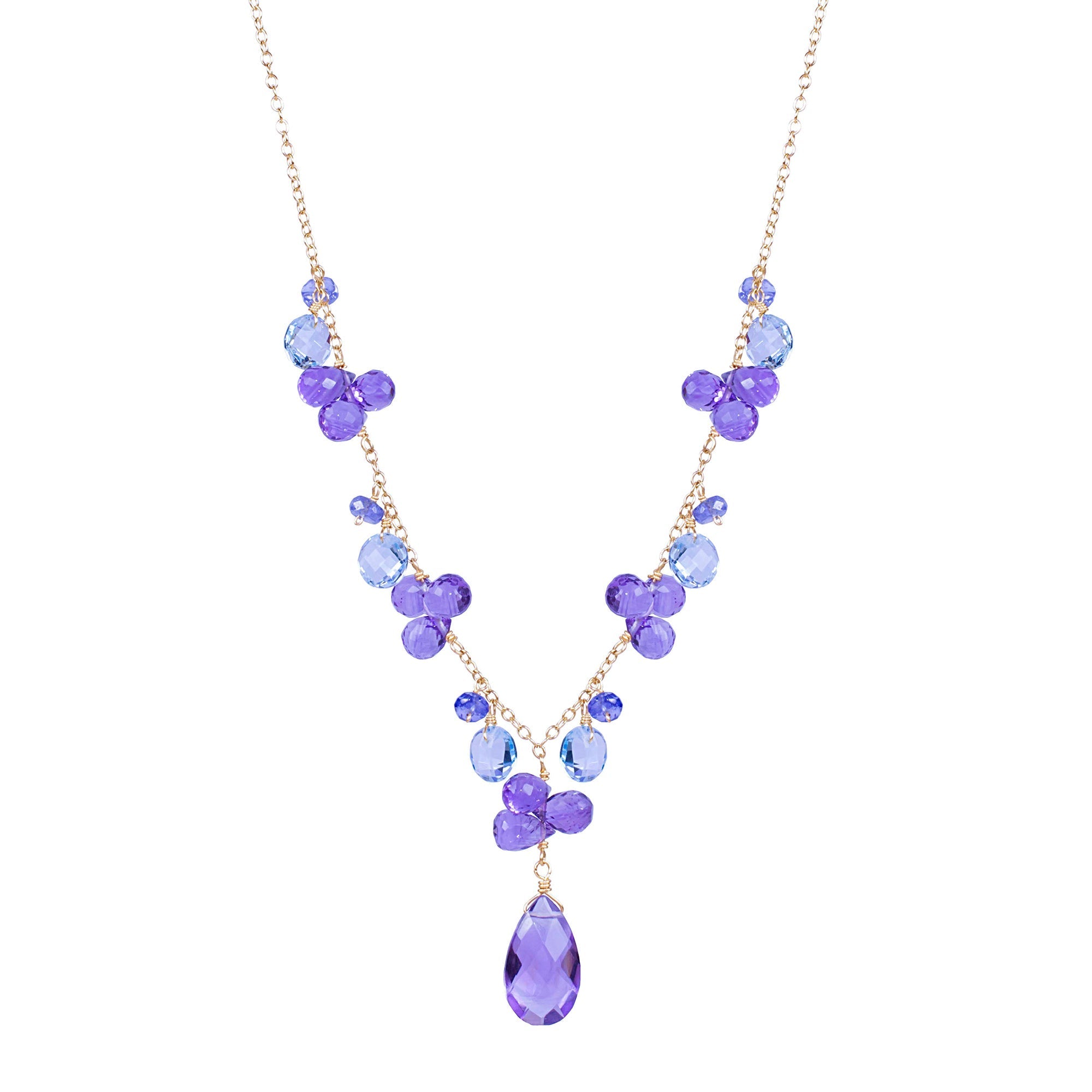 14k Blue Topaz Amethyst Tanzanite Necklace 17" (14k Wire) - chicjewelry4u.com