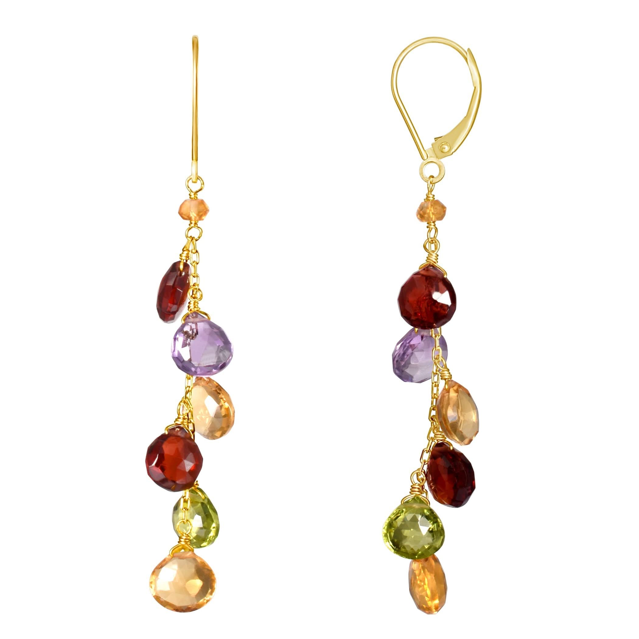 14k Garnet, Amethyst, Citrine, and Peridot Leverback Drop Earring