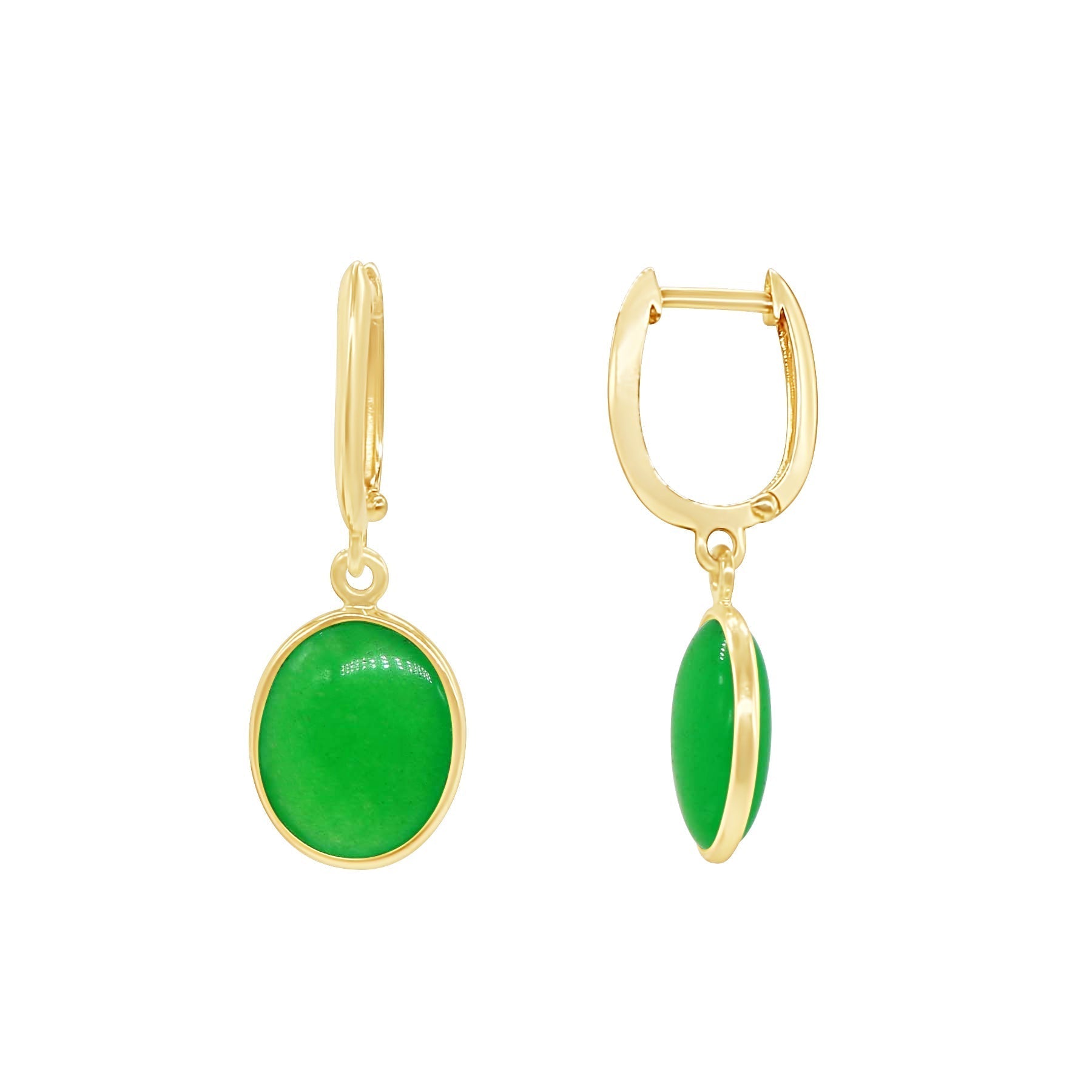 14k Green Jade Bezel Huggie Hoop Drop Earrings - chicjewelry4u.com