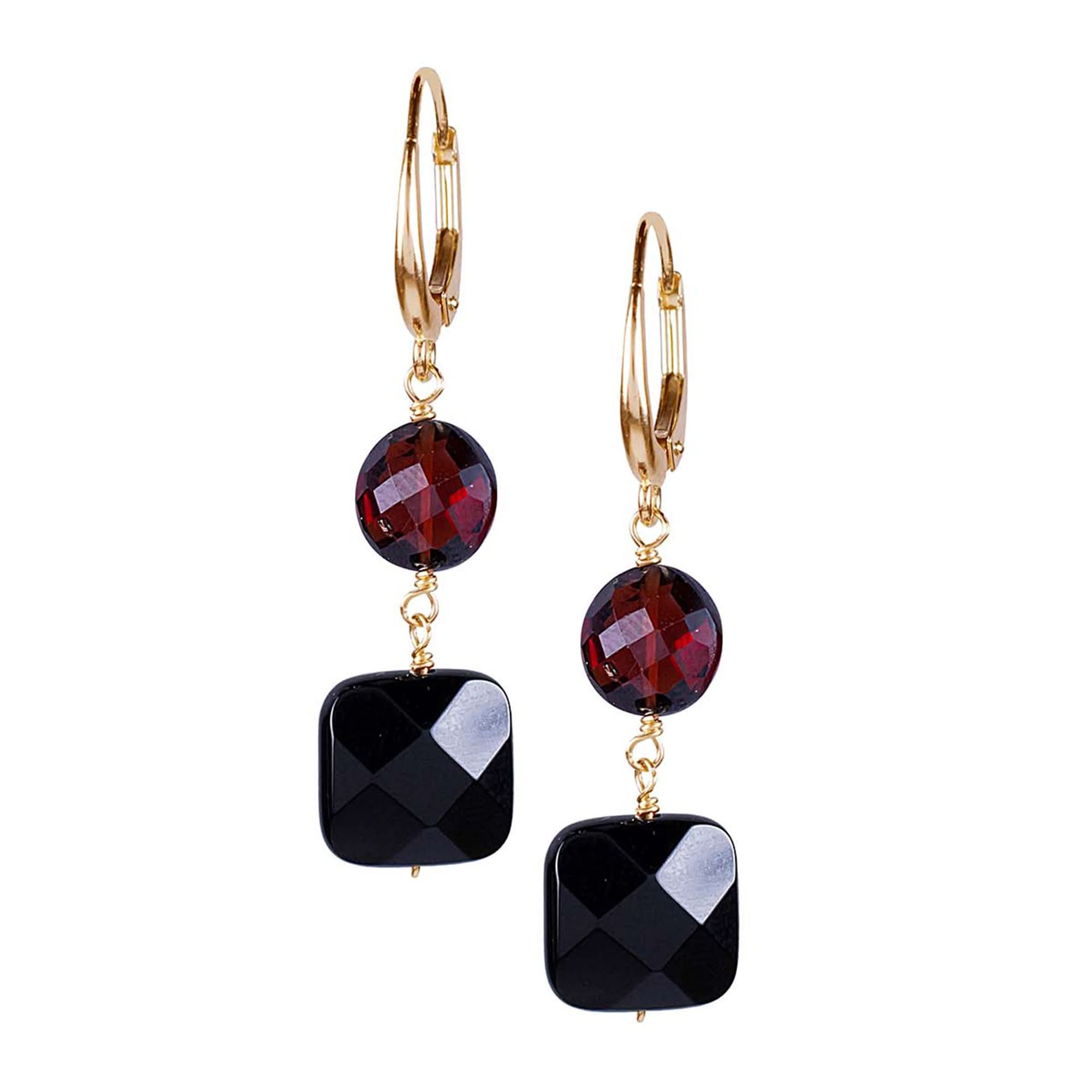 14k Garnet Black Onyx Round Leverback Earring