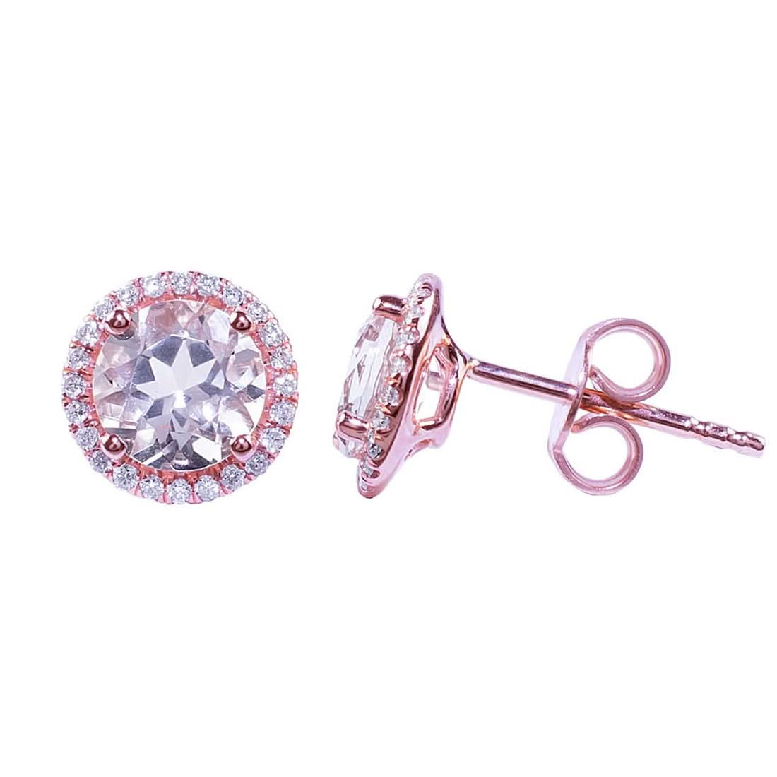 14k Rose Gold Morganite Round Diamond Post Earrings