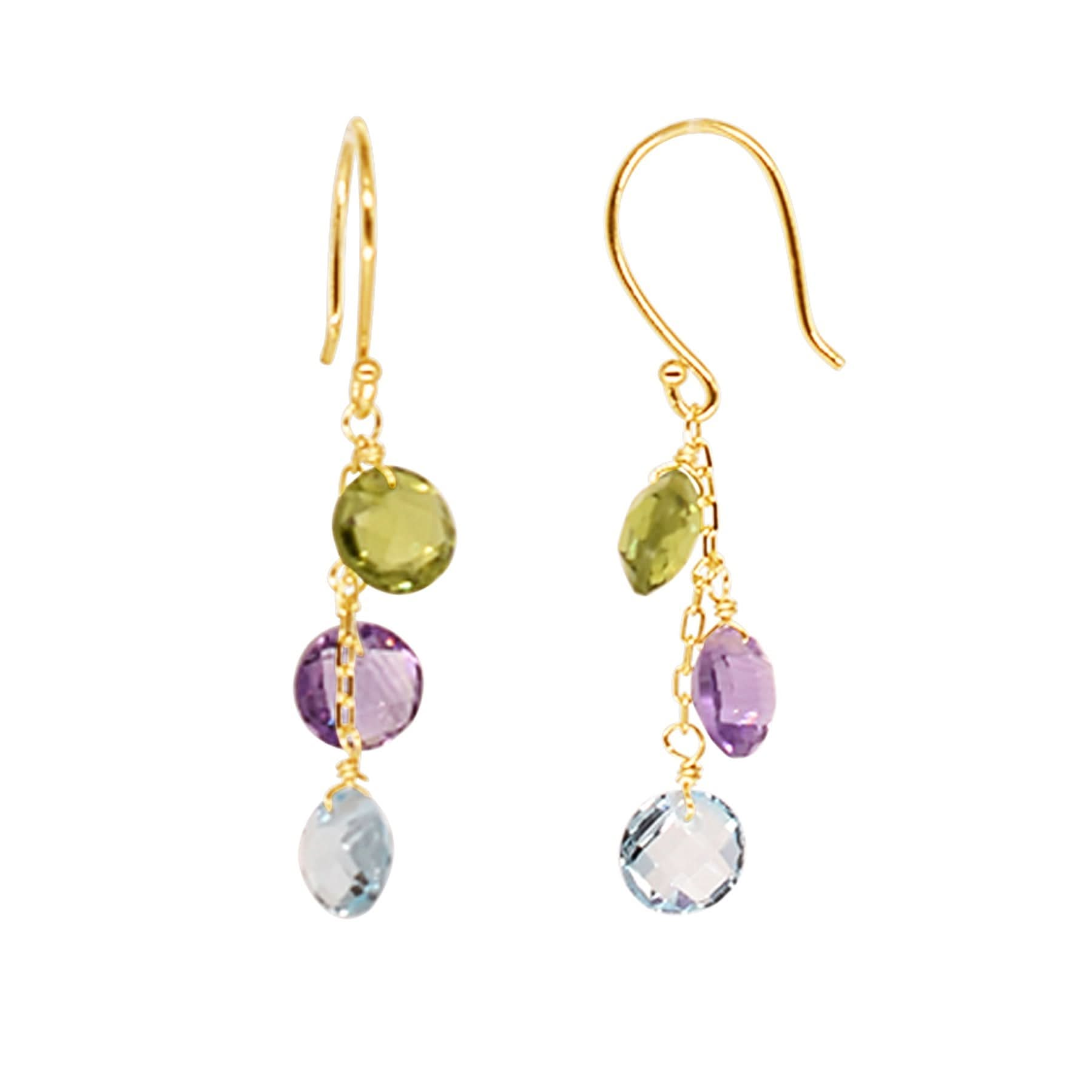 14k Peridot, Amethyst, Blue Topaz Triple Coin Hook Earrings