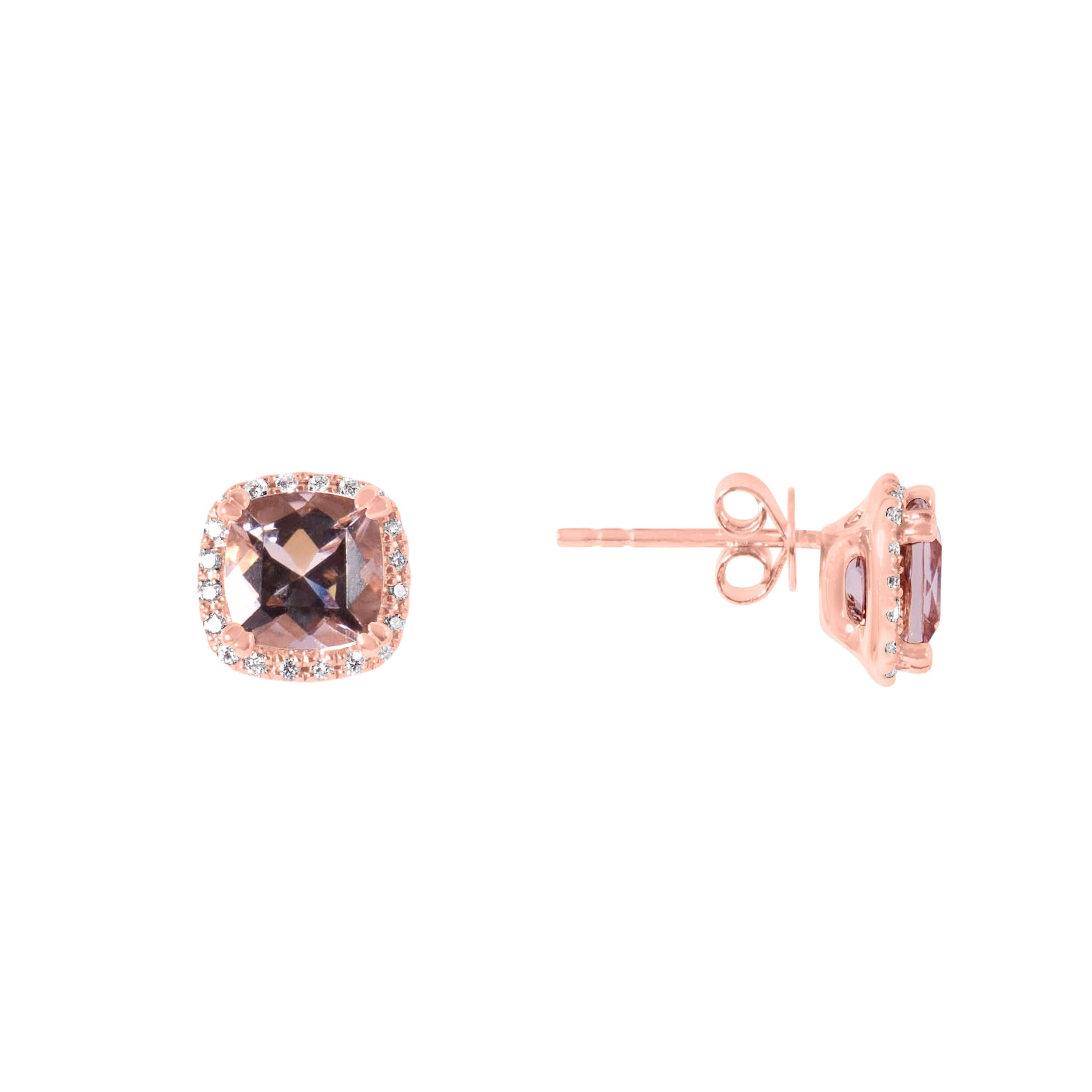 14k Rose Gold Morganite VS Diamond Post Stud Earrings