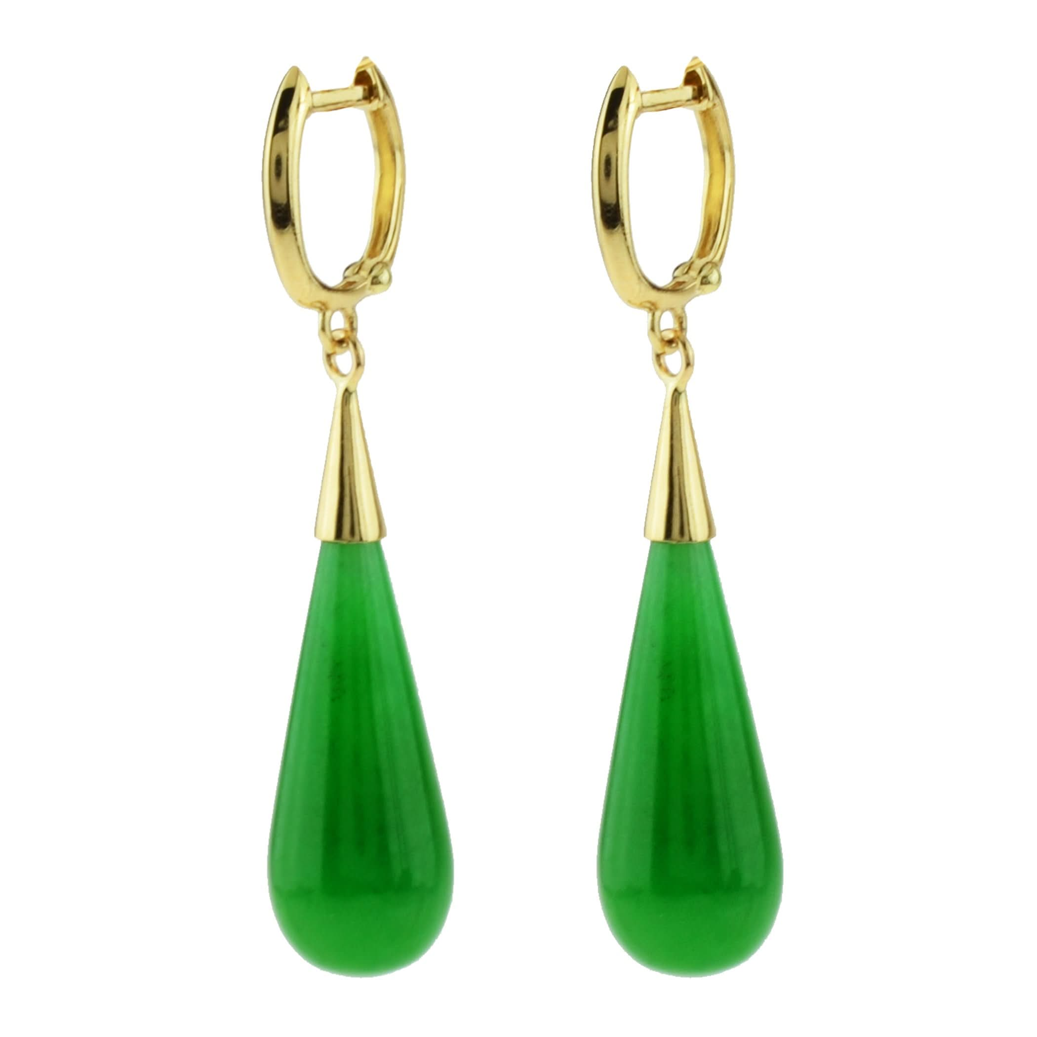 14k Jadeite Teardrop Huggie Hoop Earring