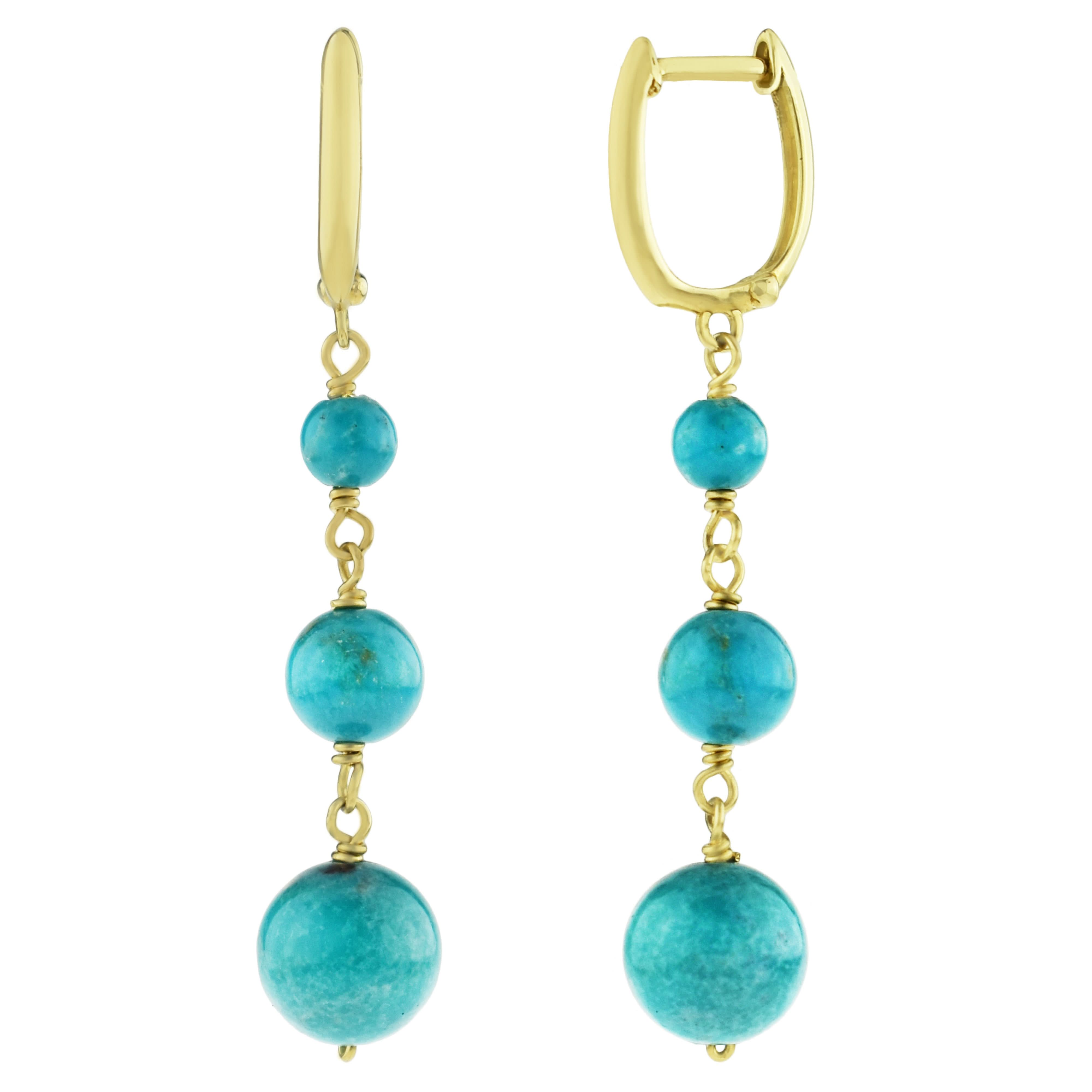 14k Stabilized Turquoise Graduated Ball 3 Link Hoop Earring