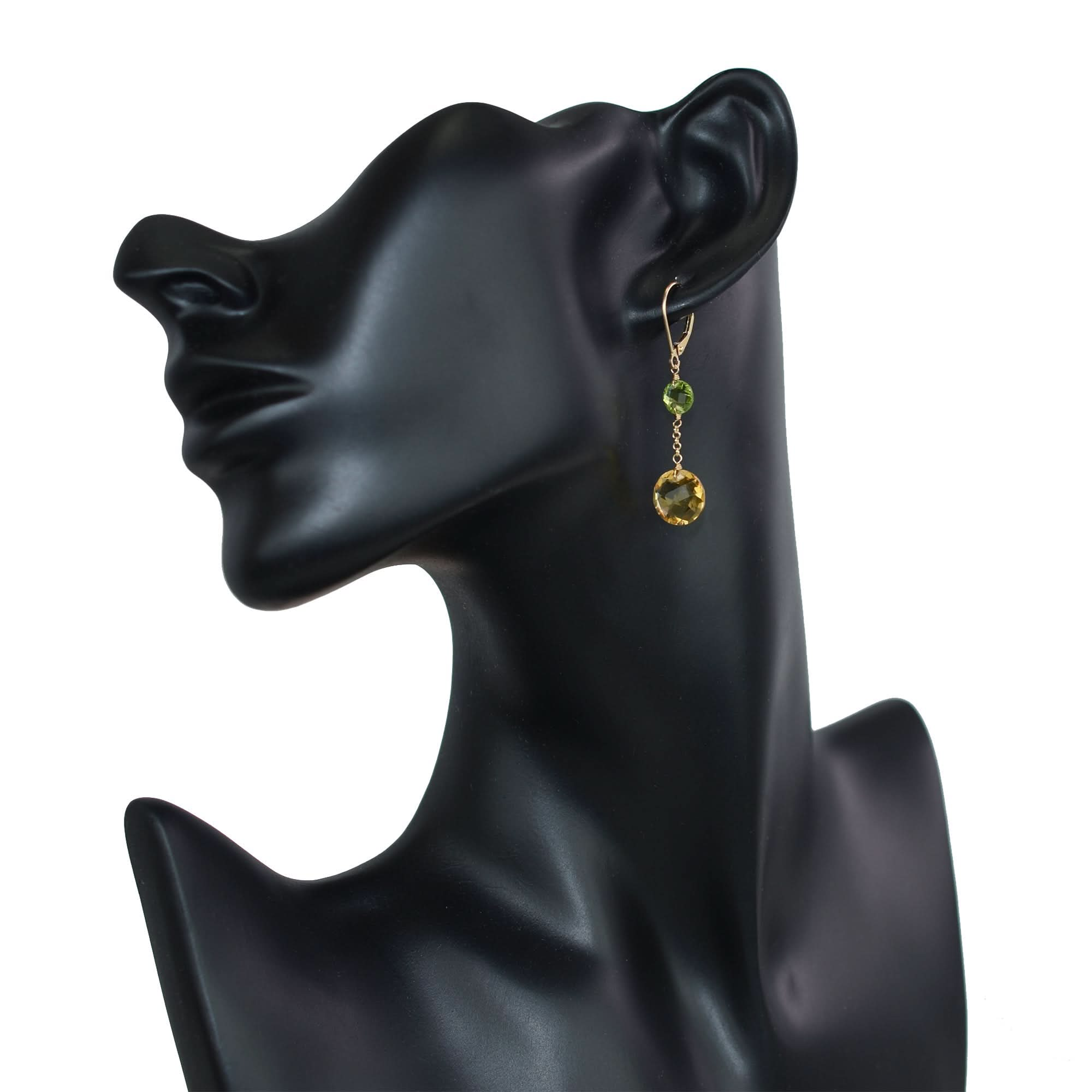 14k Two Gemstone Coin Dangle Leverback Earring