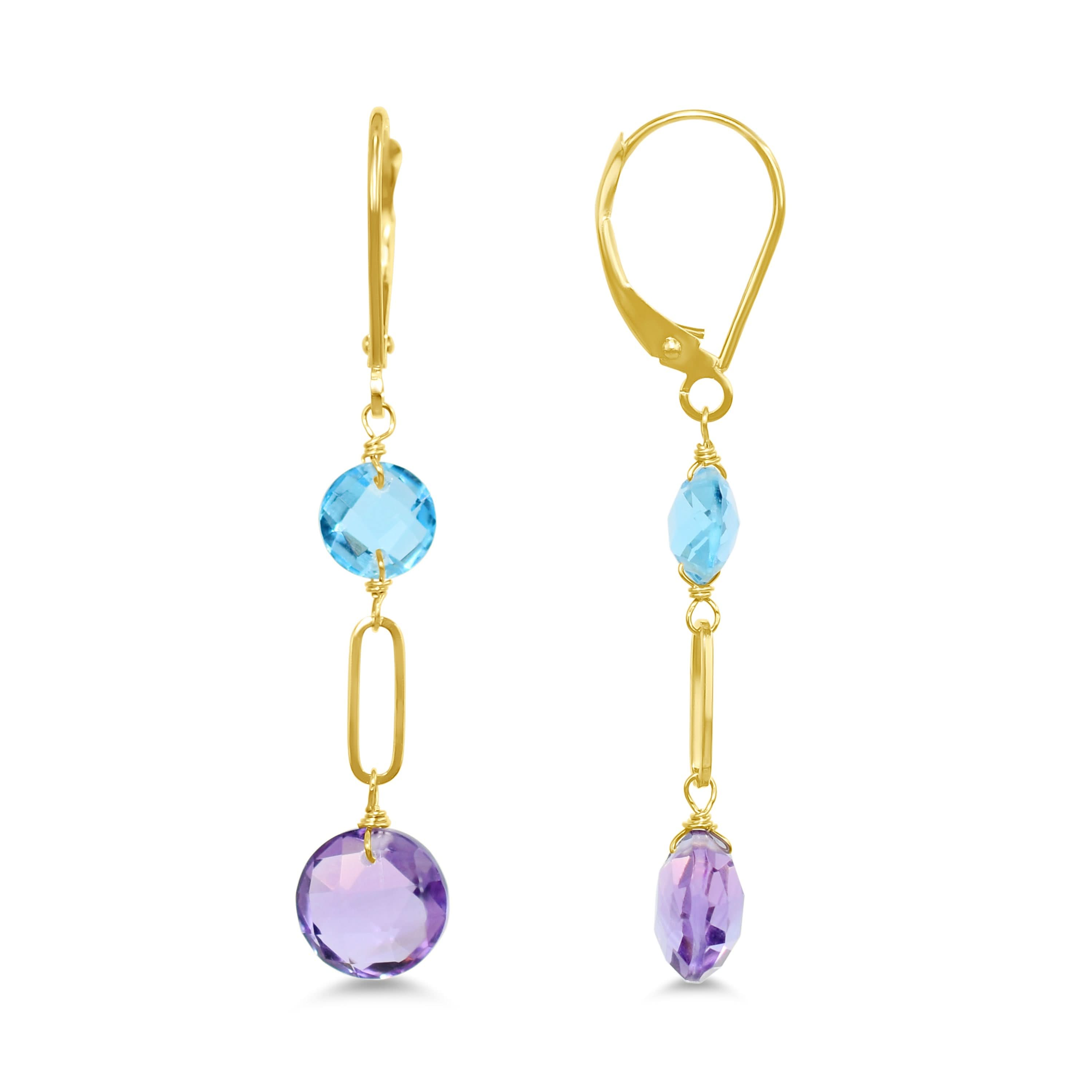 14k Gemstones Coin Shape  Leverback Earring