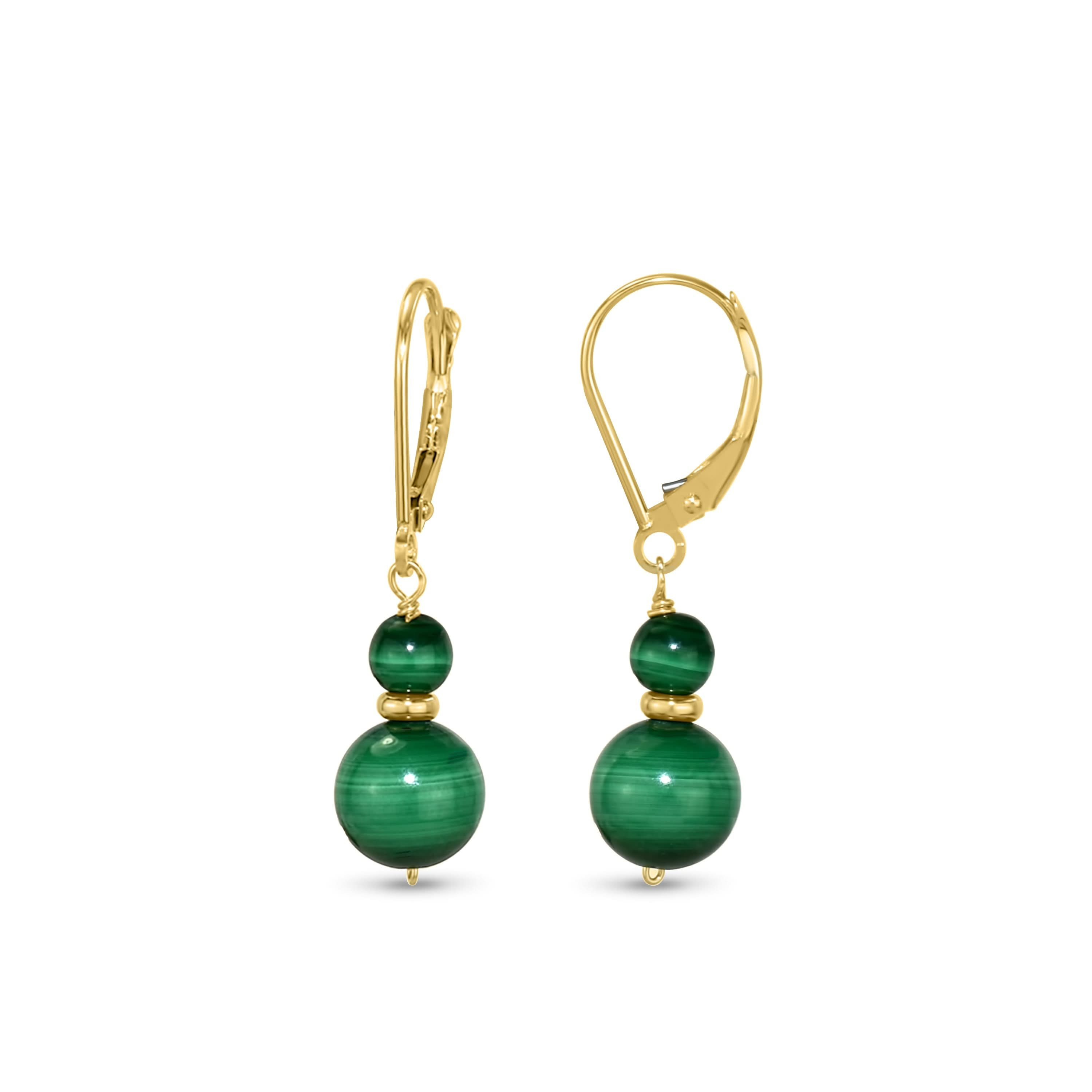 14k Yellow Gold Malachite Dual Ball Leverback Earring