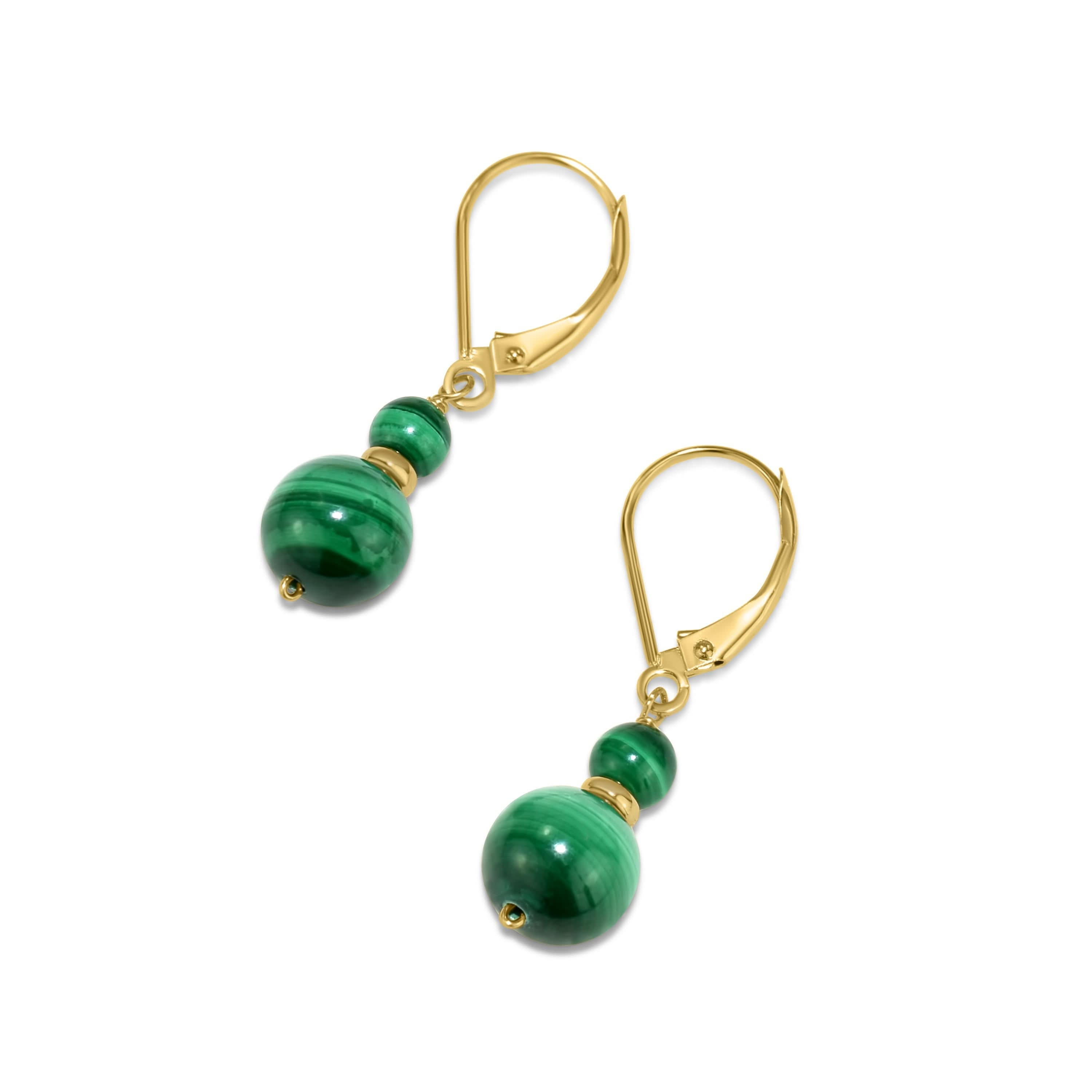 14k Yellow Gold Malachite Dual Ball Leverback Earring