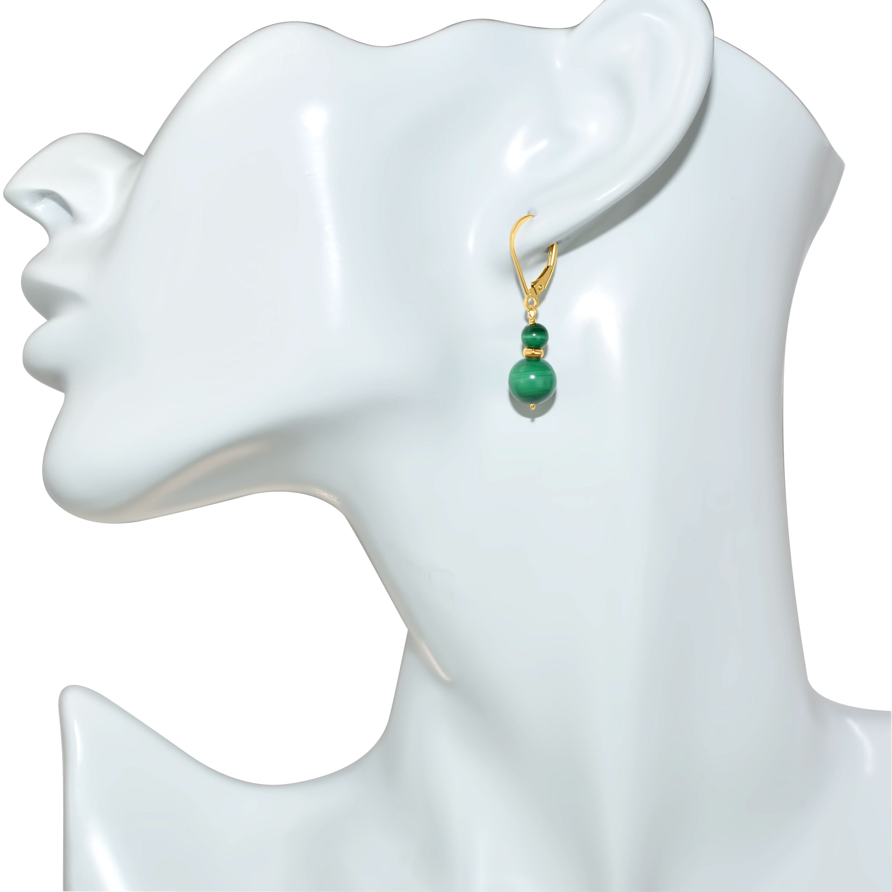 14k Yellow Gold Malachite Dual Ball Leverback Earring