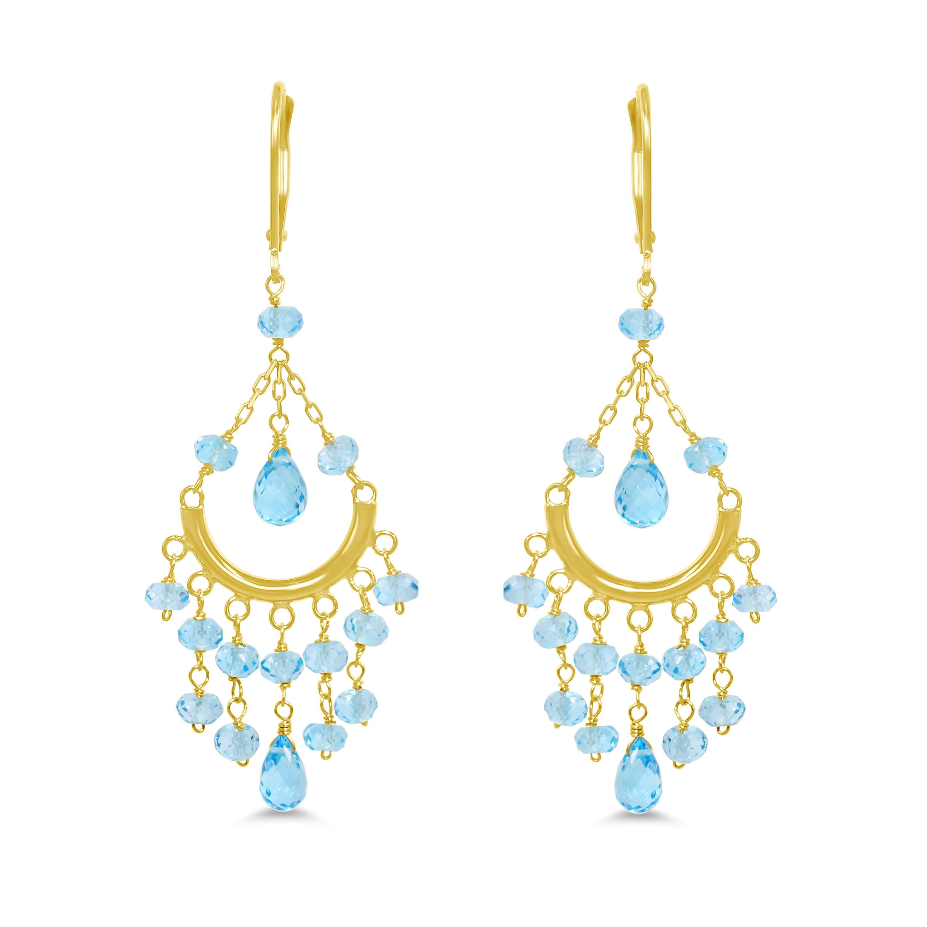 14k Yellow Gold Blue Topaz Chandelier Leverback Earring