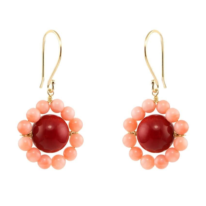 14k Dyed Red and Angel Skin Coral Earrings