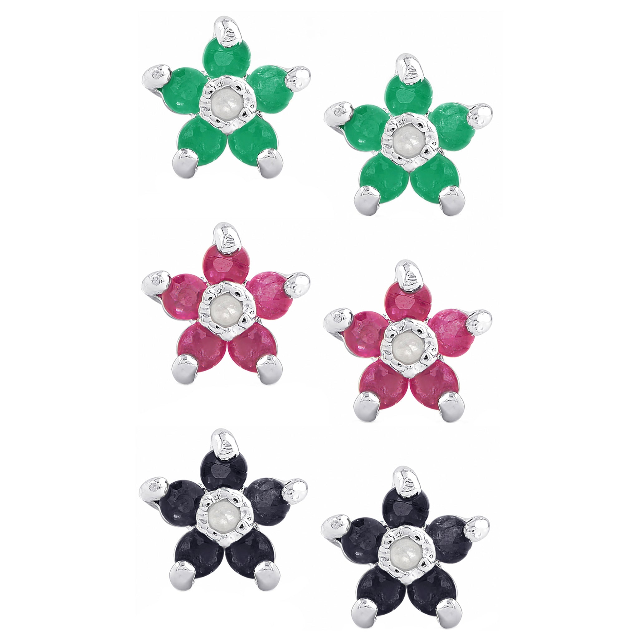 Sterling Silver Ruby, Sapphire, Emerald Gemstone Flower Earring Set - chicjewelry4u.com