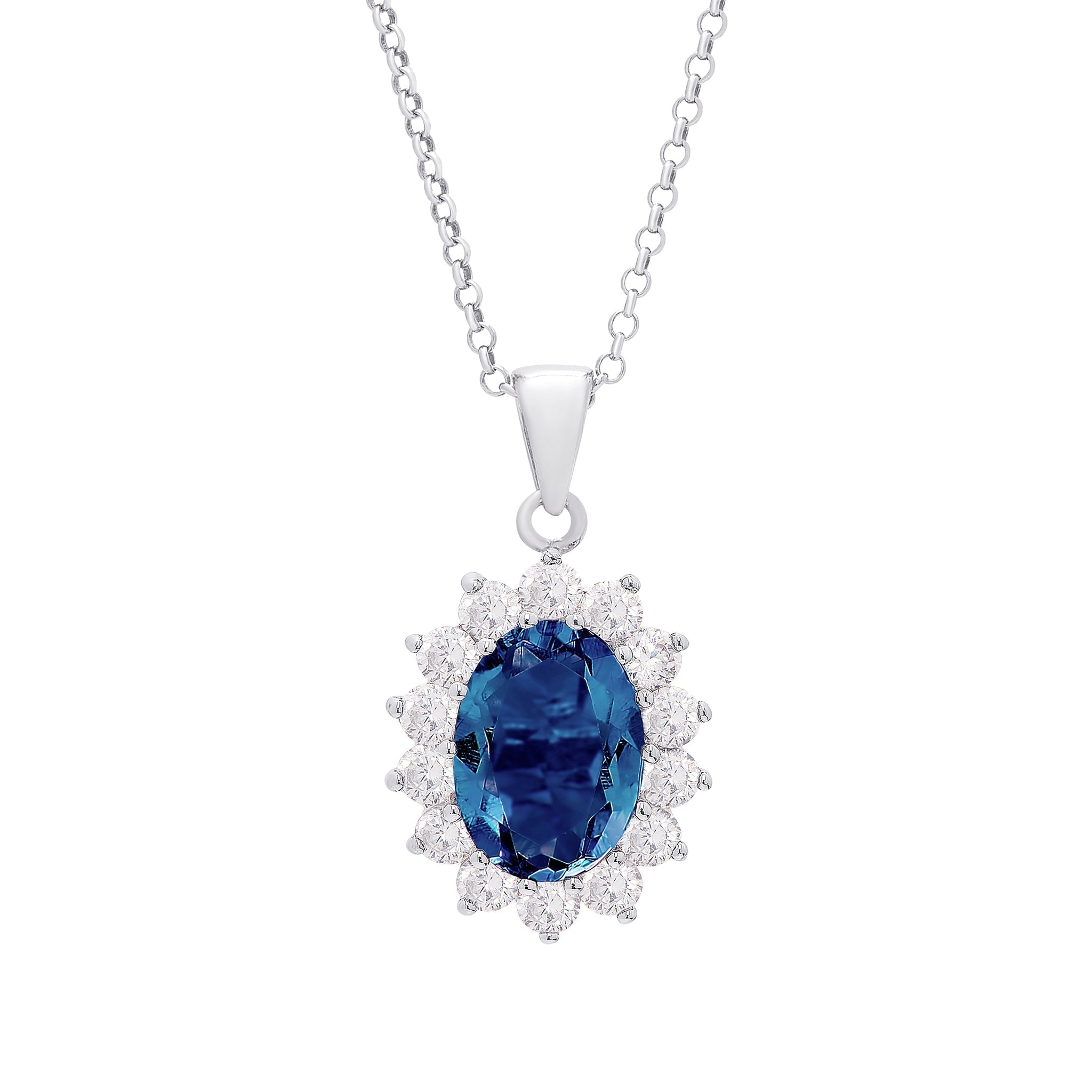 Sterling Silver Lab Sapphire Gemstone & CZ Lady Di Pendant - chicjewelry4u.com