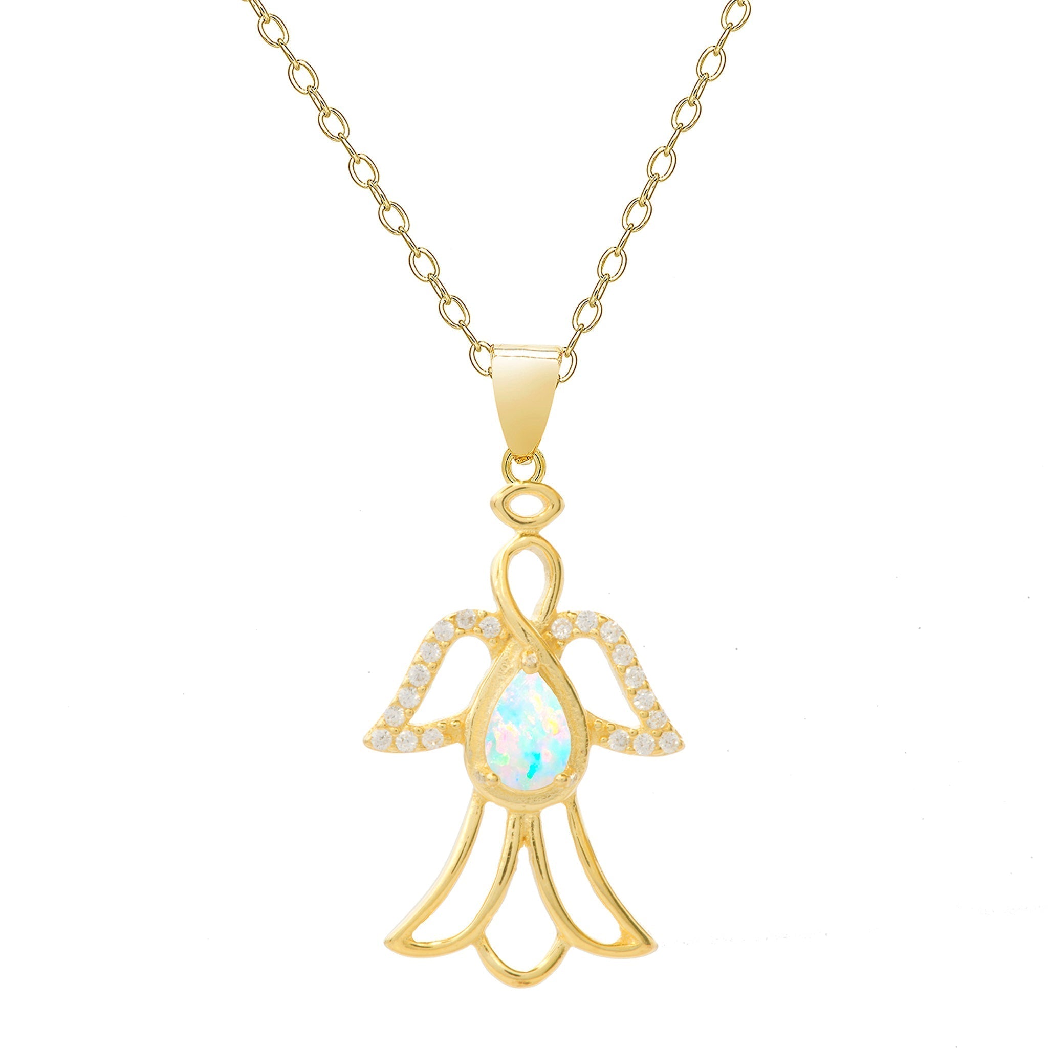 18K Gold Over Sterling Silver CZ & Lab Opal Gemstone Angel Pendant - chicjewelry4u.com