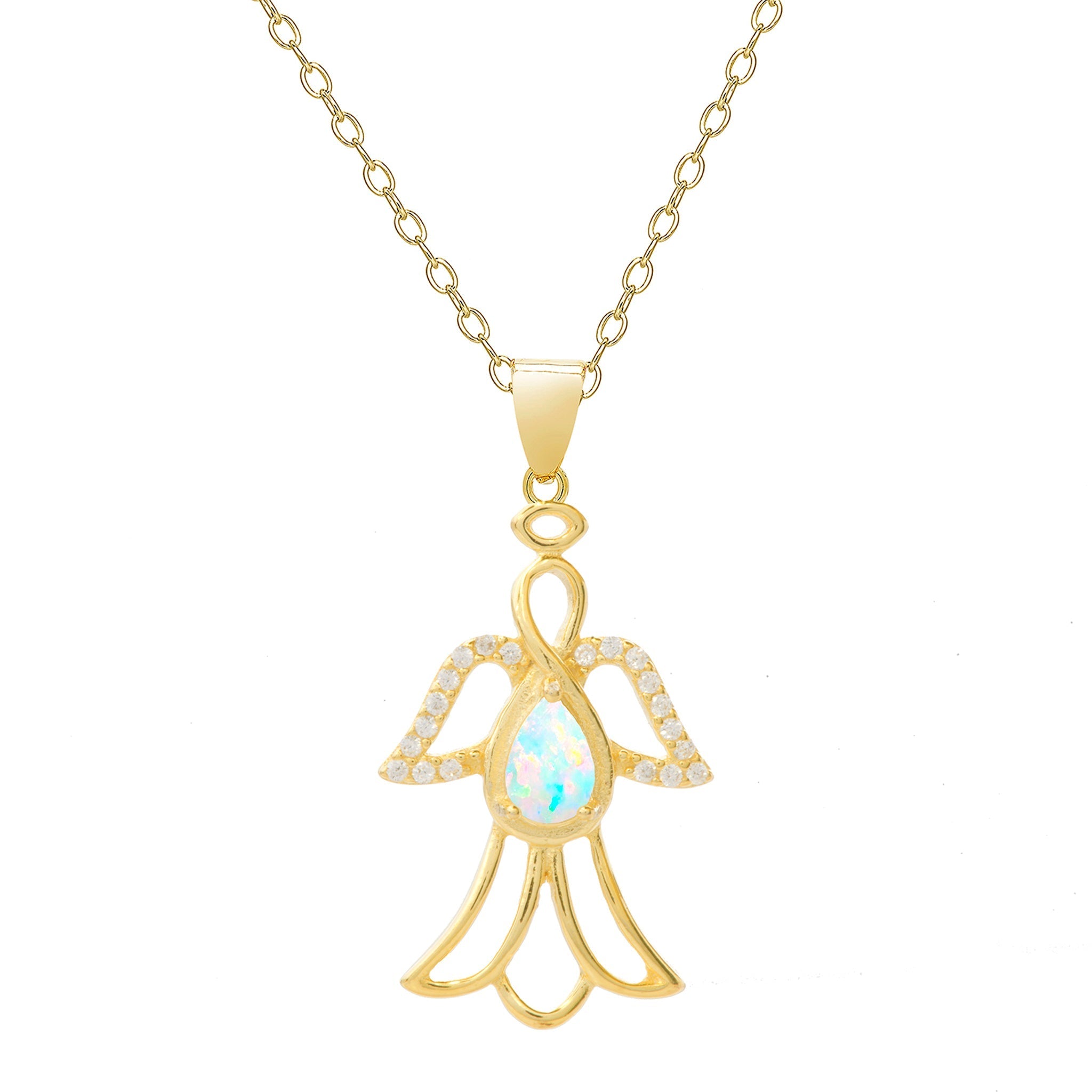 18K Gold Over Sterling Silver CZ & Lab Opal Gemstone Angel Pendant - chicjewelry4u.com