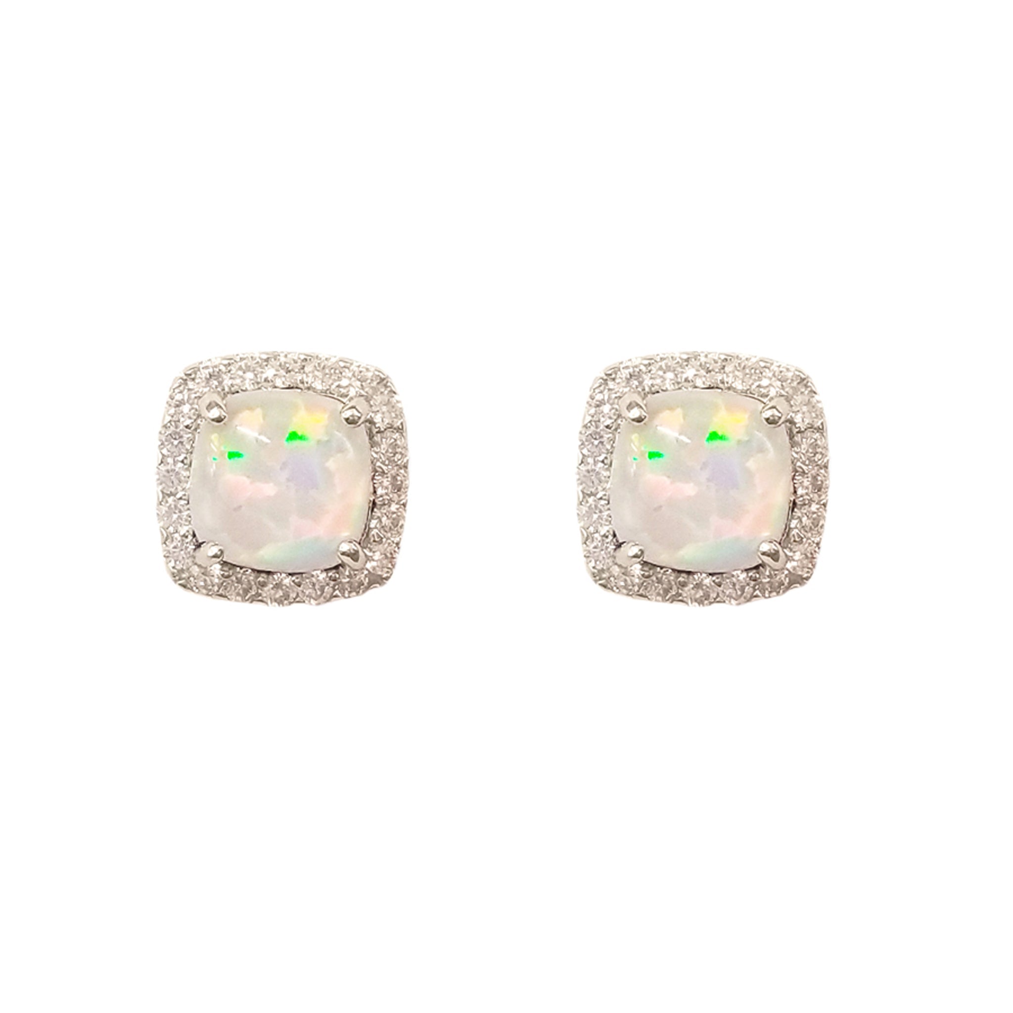 Sterling Silver Lab Opal & Cubic Zirconia Halo Stud Earrings - chicjewelry4u.com