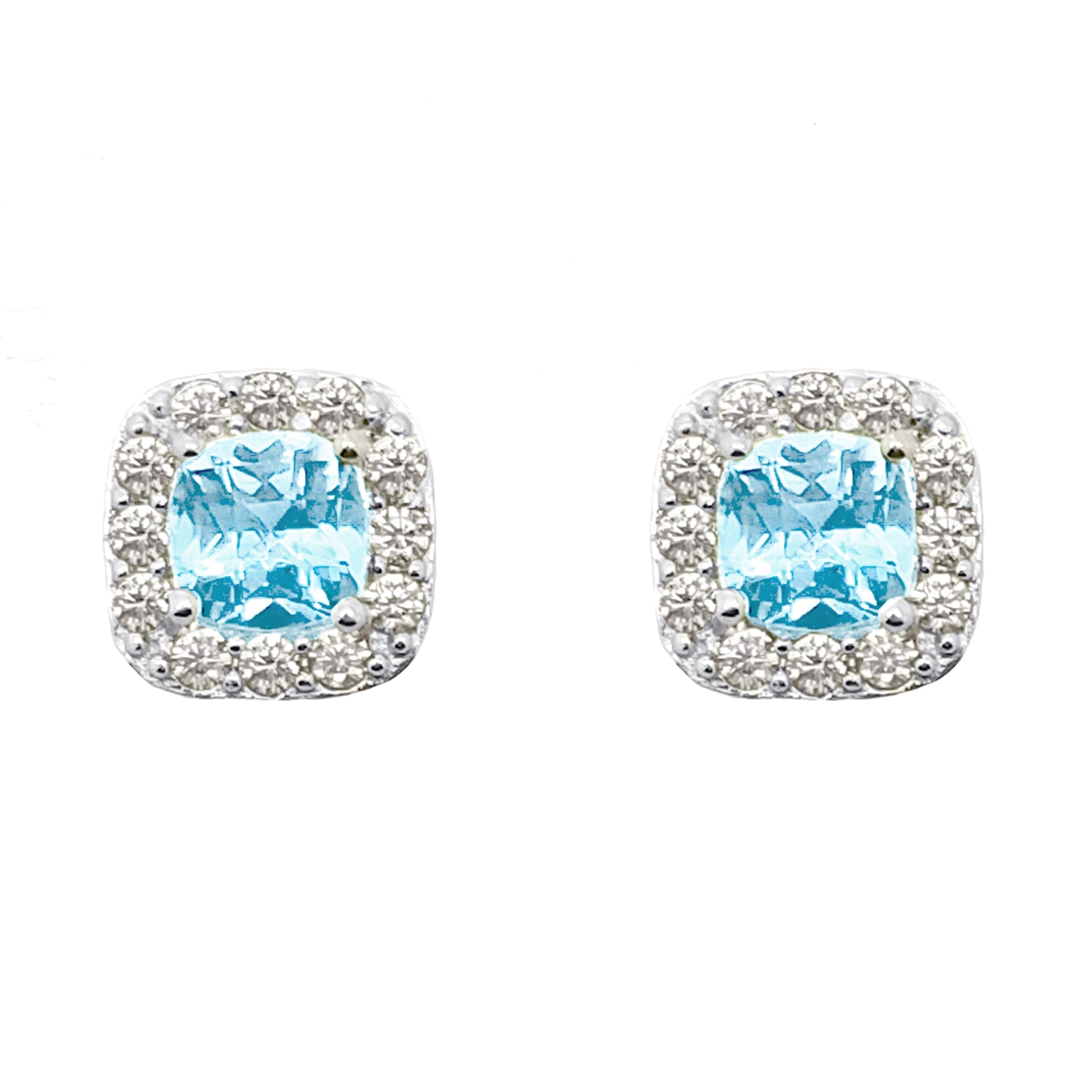 Sterling Silver Blue Topaz Gemstone & Cubic Zirconia Cushion Halo Stud Earrings - chicjewelry4u.com