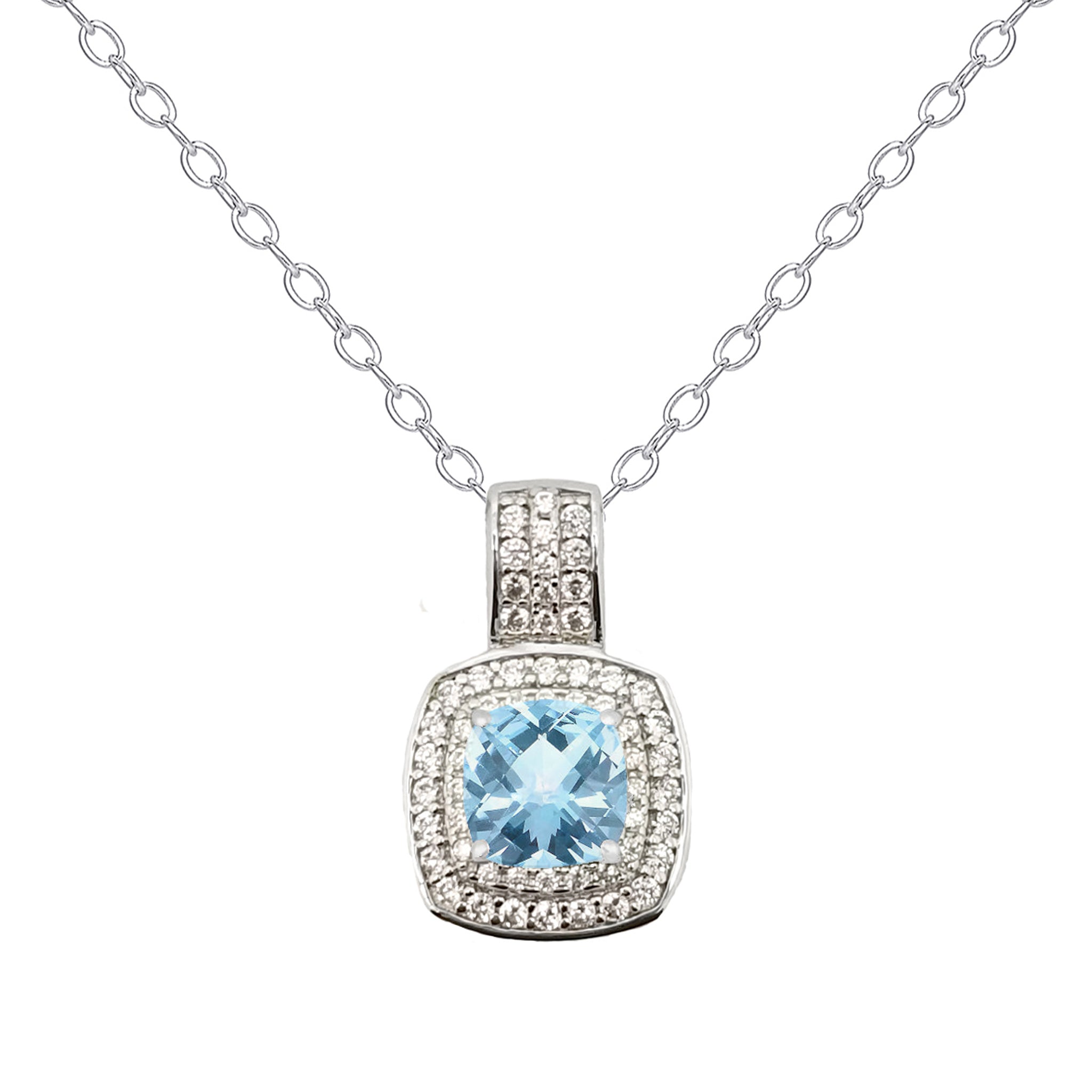 Sterling Silver Gemstone Blue Topaz & CZ Cushion Halo Pendant - chicjewelry4u.com