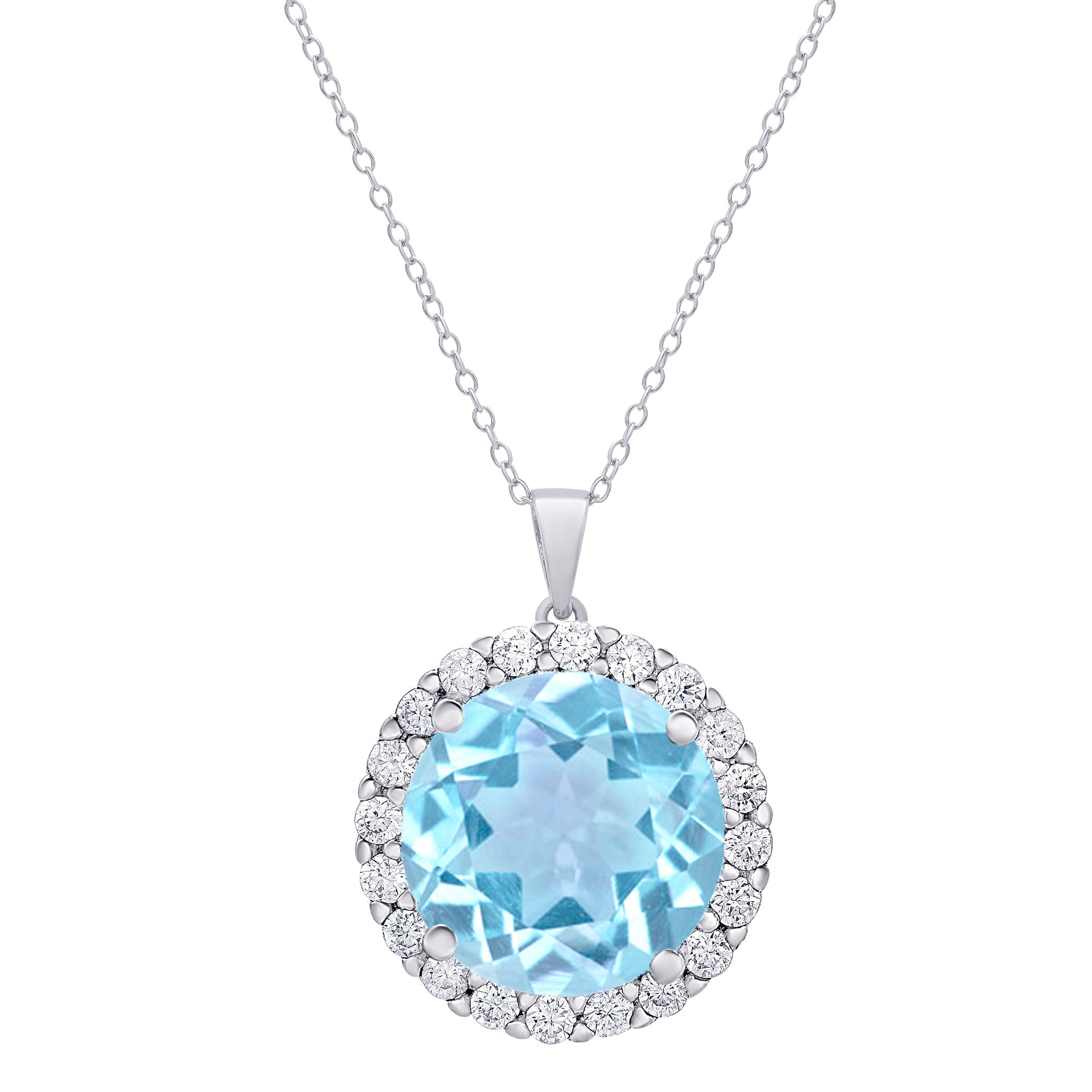 Sterling Silver CZ & Gemstone Blue Topaz Round Halo Pendant - chicjewelry4u.com