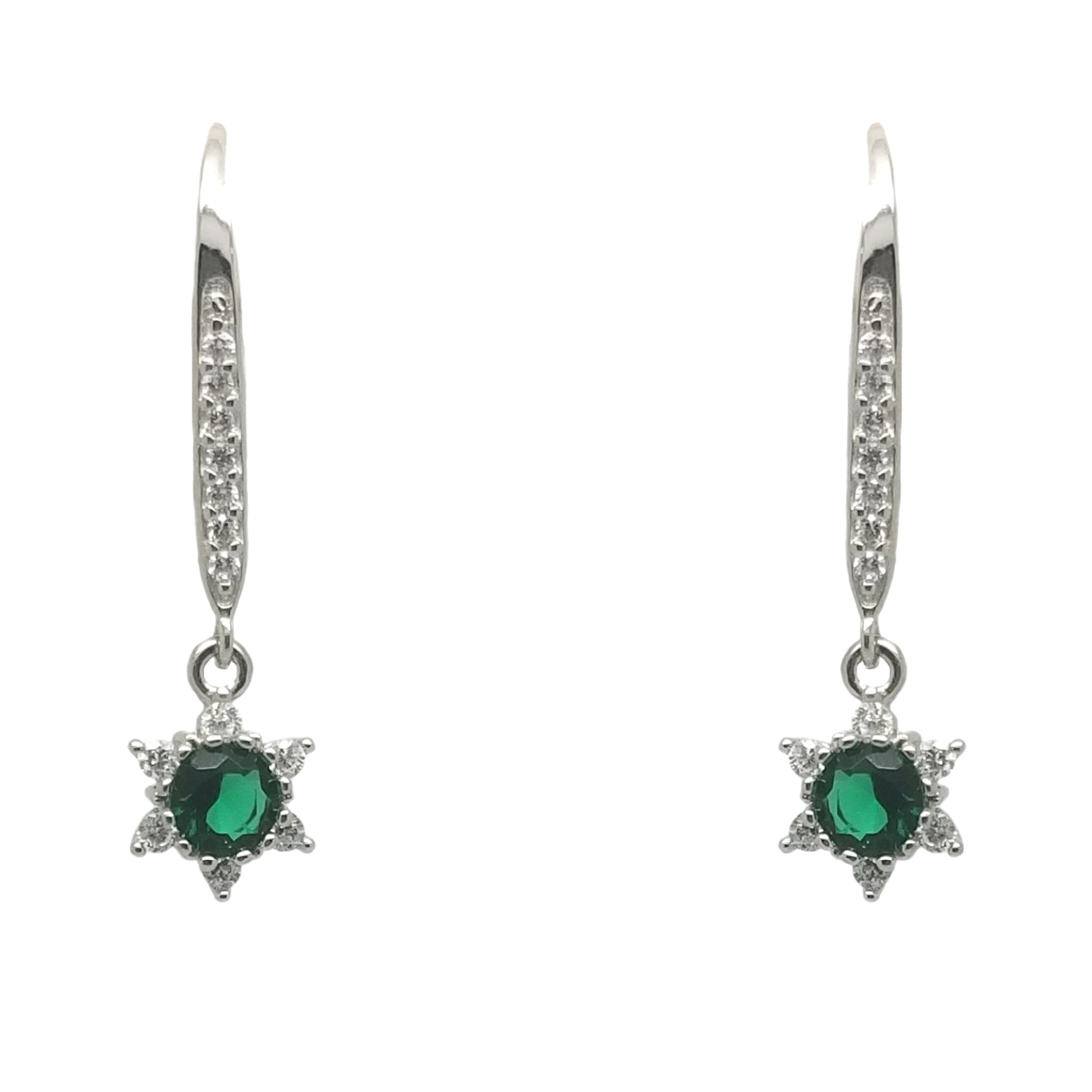 Sterling Silver Cubic Zirconia & Lab Emerald Flower Lever back Earrings - chicjewelry4u.com