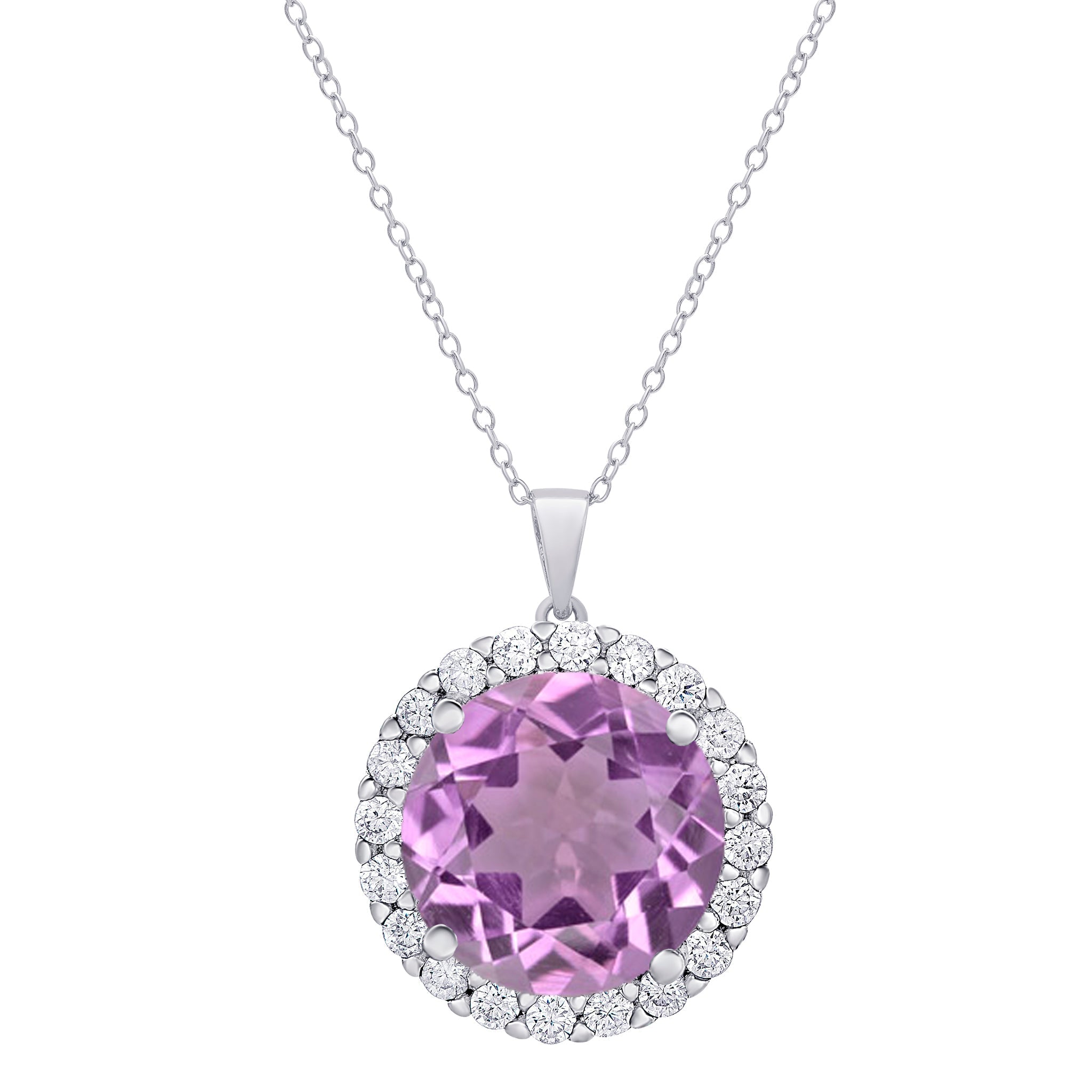 Sterling Silver CZ & Gemstone Amethyst Halo Pendant - chicjewelry4u.com