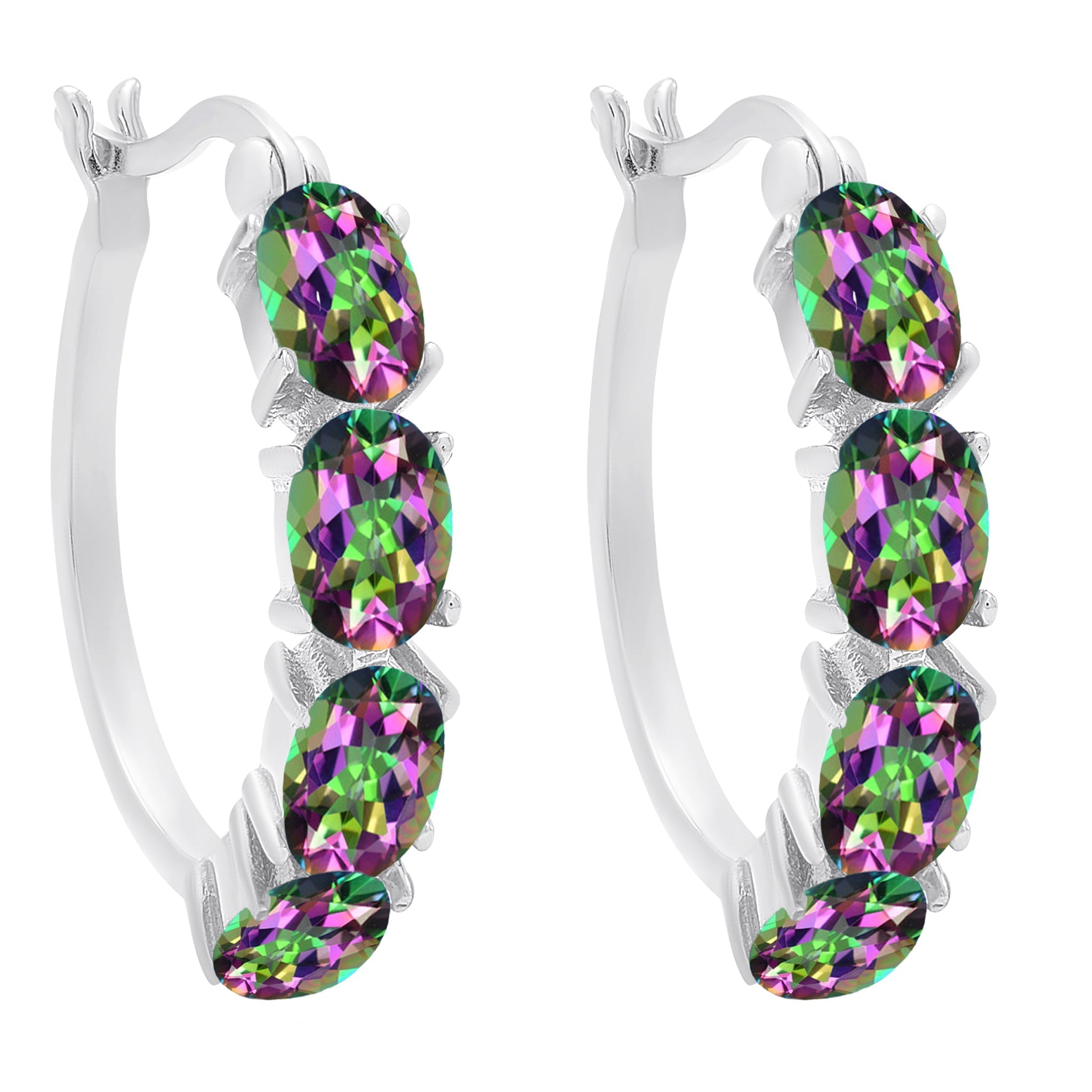 Sterling Silver Lab Mystic Gemstone Oval Hoop Earrings - chicjewelry4u.com