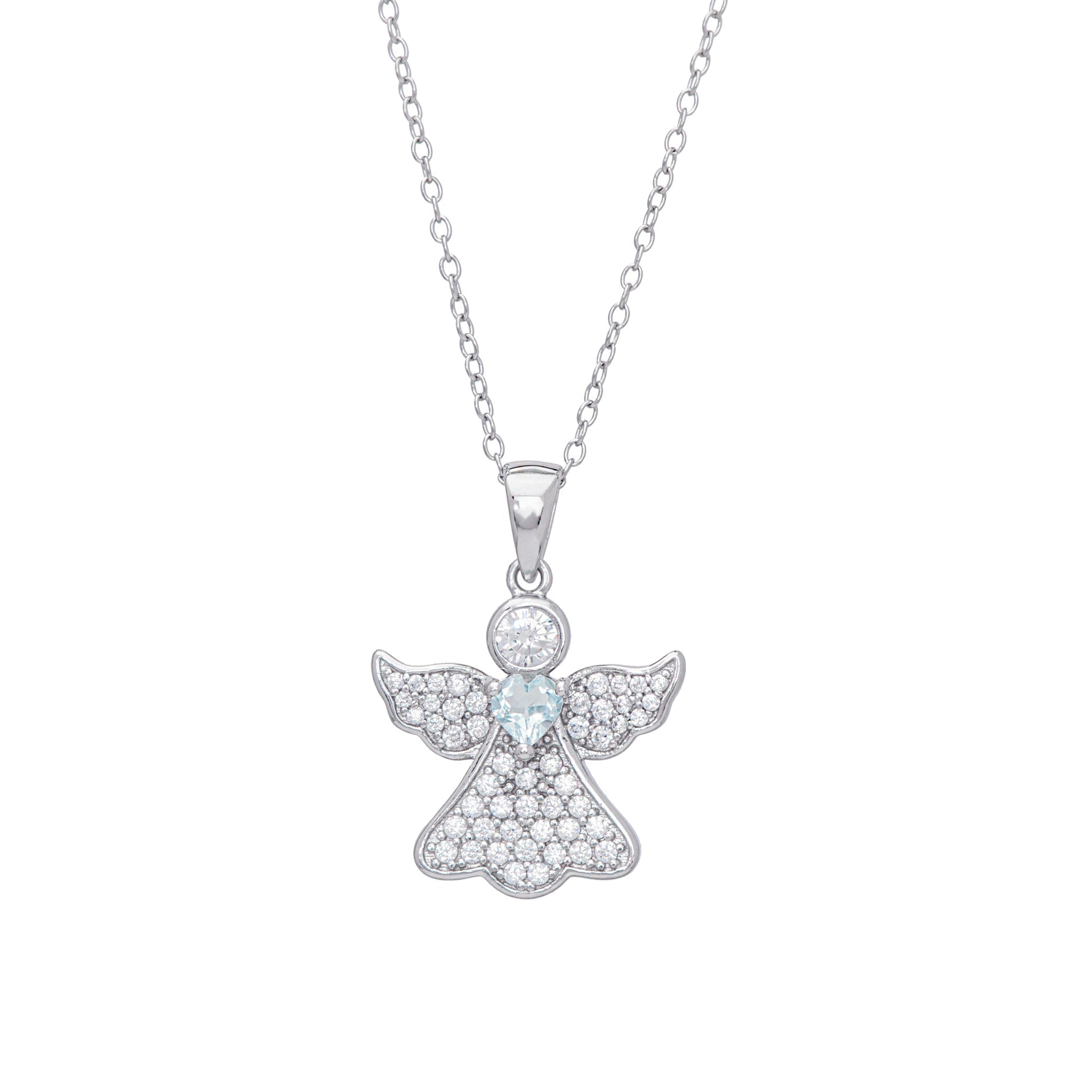 Sterling Silver Gemstone Blue Topaz & CZ Angel Pendant - chicjewelry4u.com