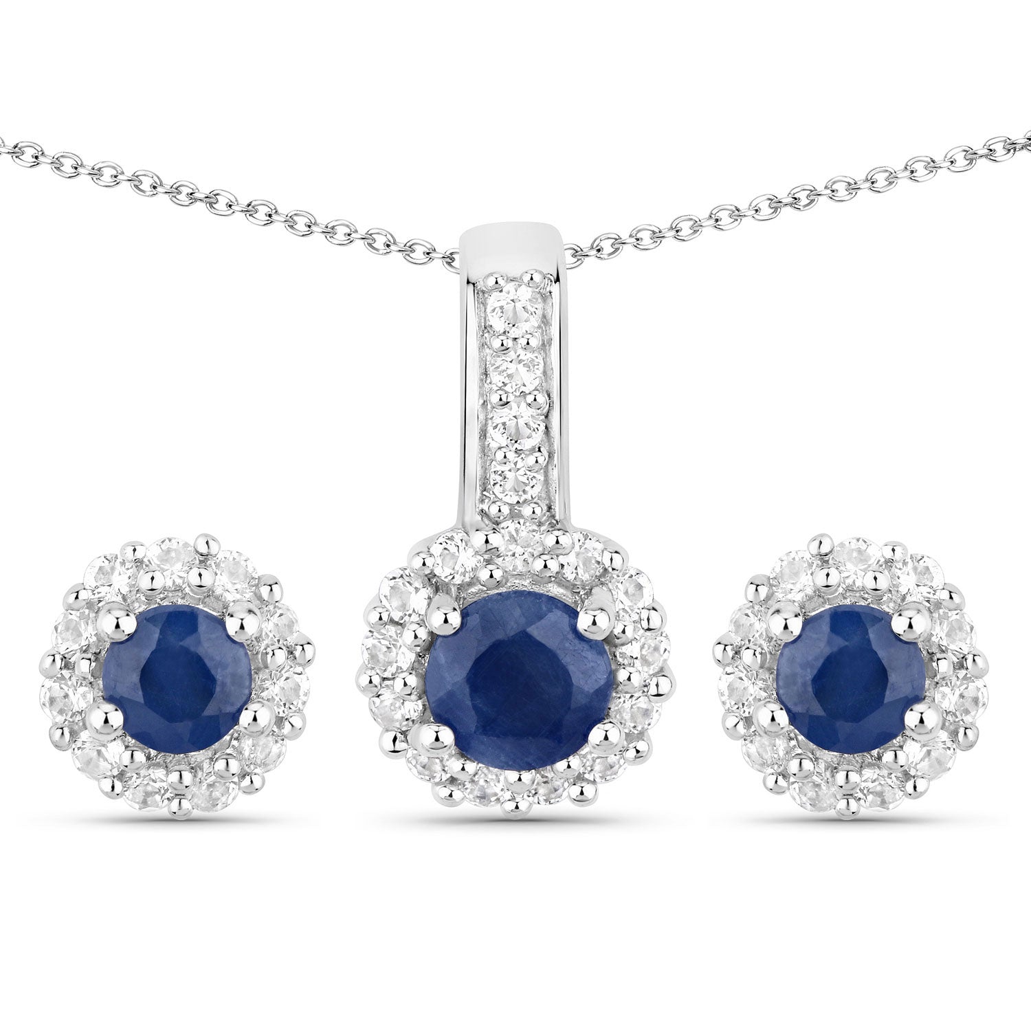2.17 Carat Genuine Blue Sapphire and White Topaz .925 Sterling Silver Jewelry Set