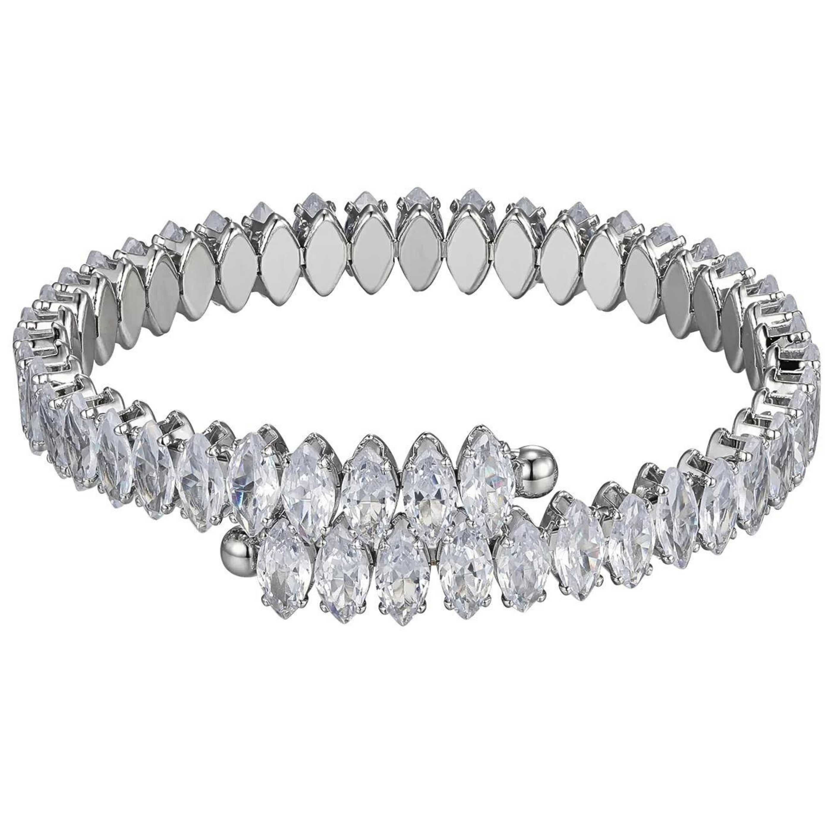 Silver Plated Clear Cubic Zirconia Marquise Cuff Bracelet