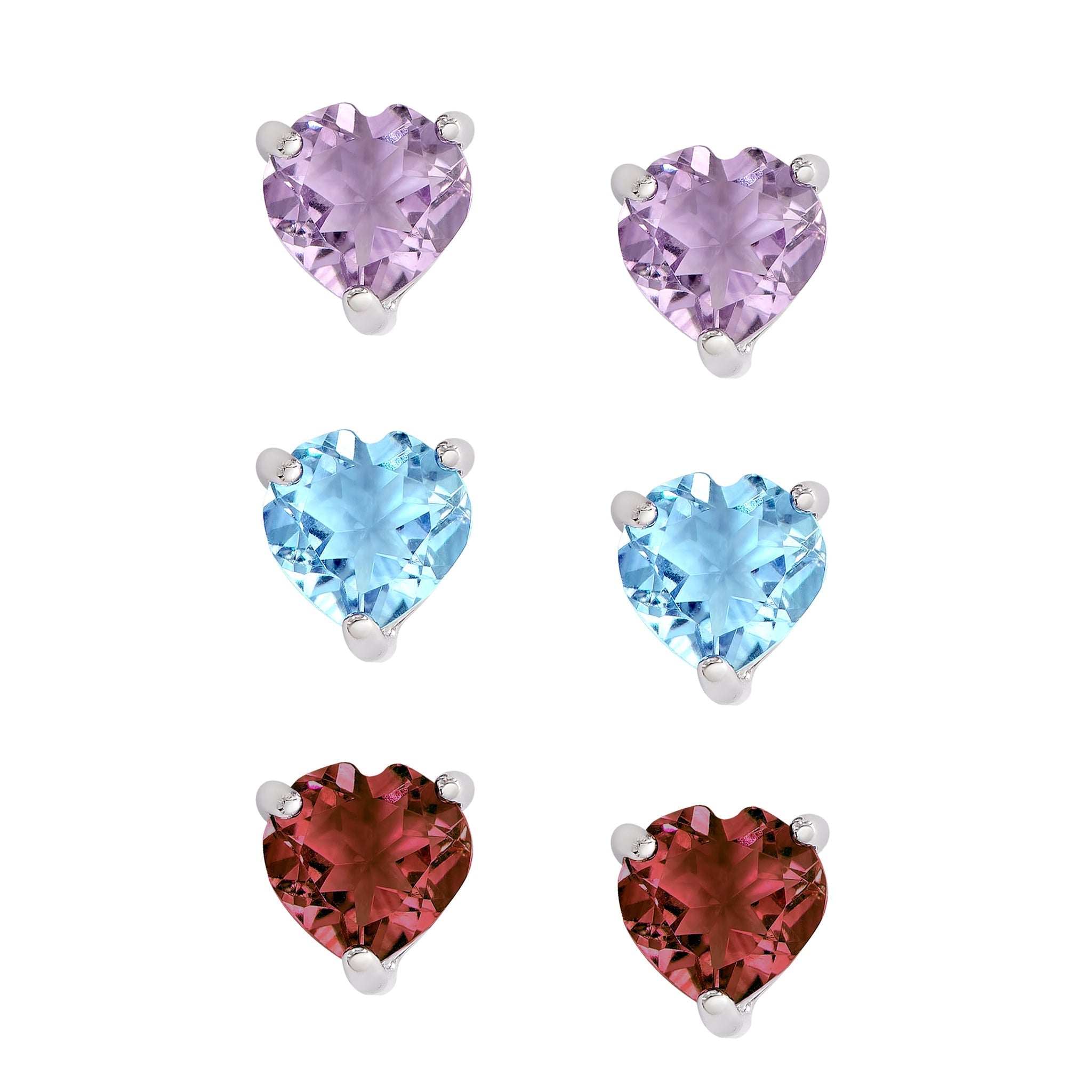 Sterling Silver Amethyst Blue Topaz Garnet Gemstone Heart Stud Set - chicjewelry4u.com