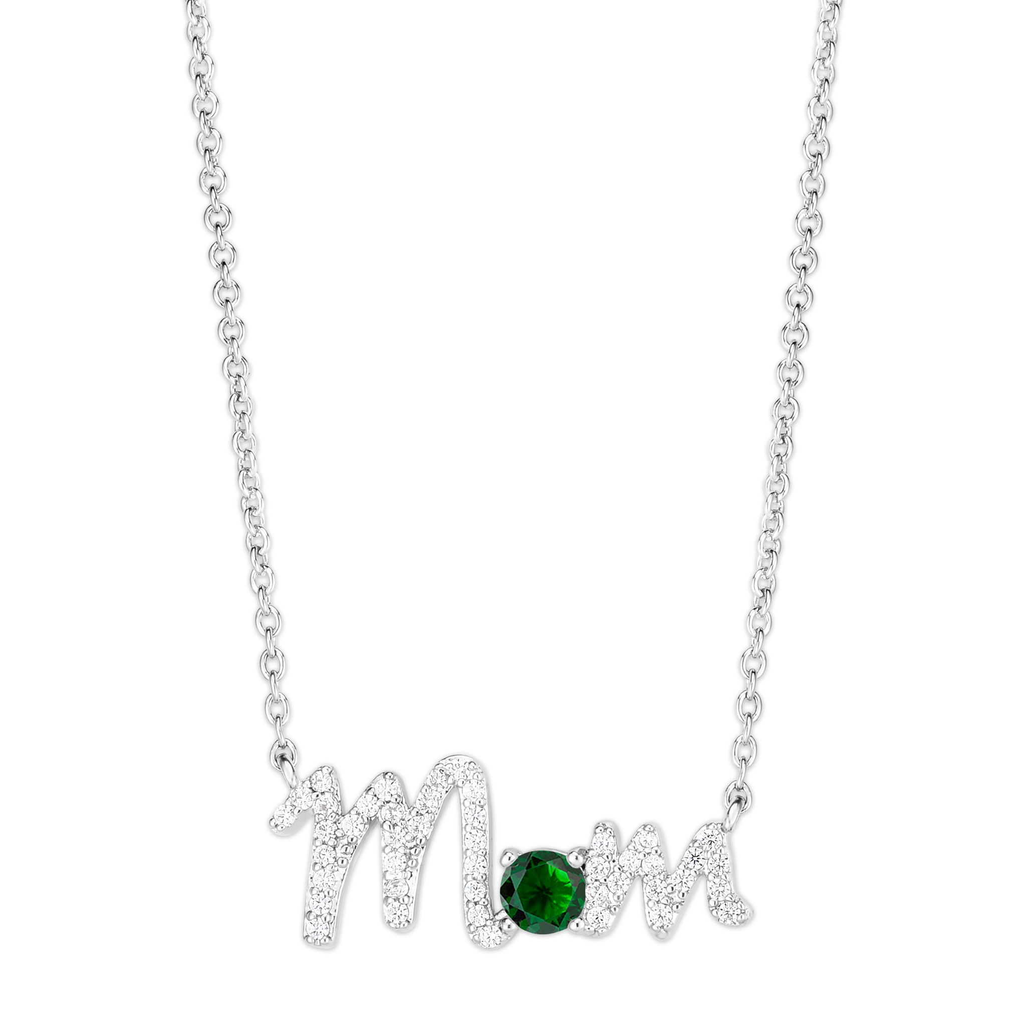Sterling Silver Lab Gemstone Emerald "mom" Necklace - chicjewelry4u.com
