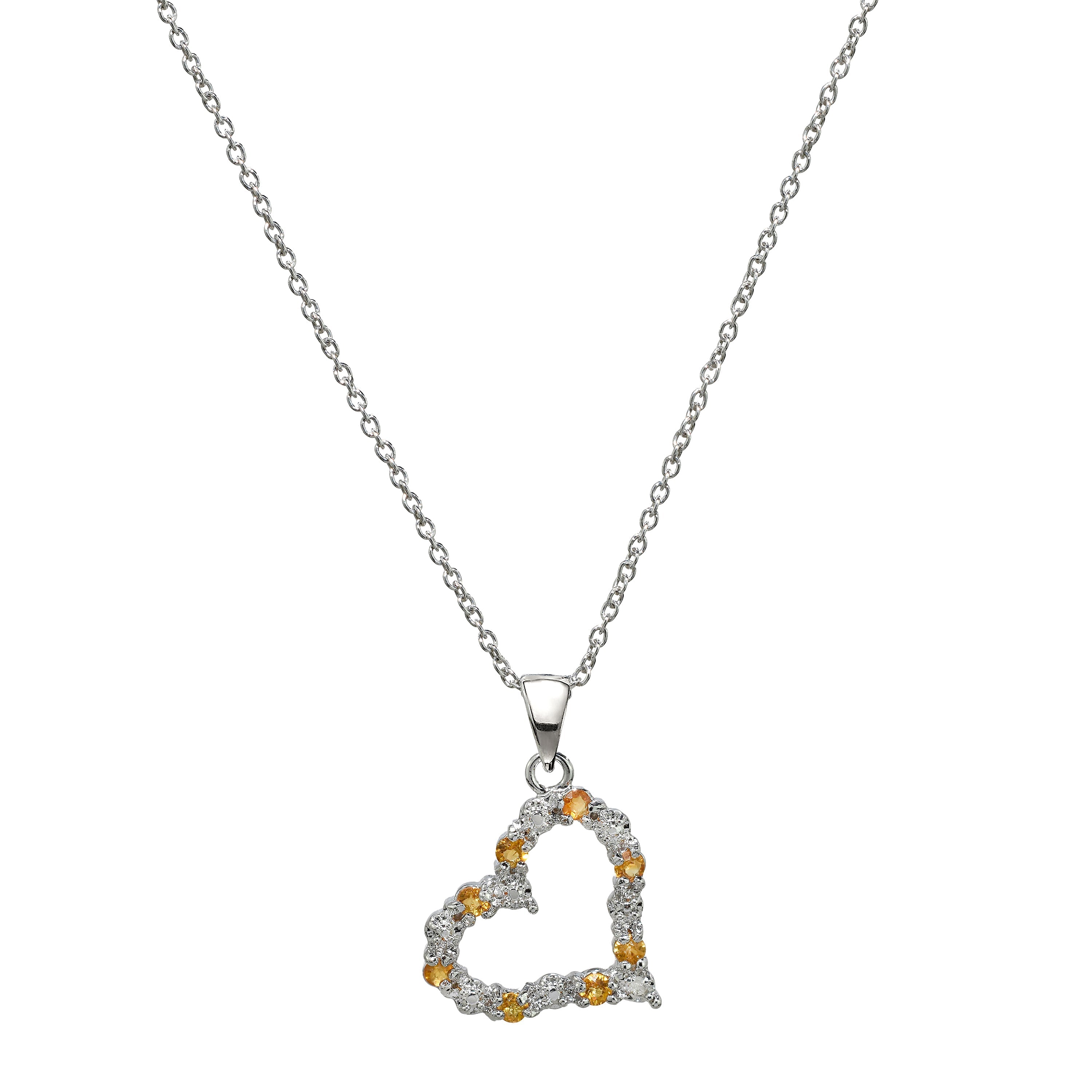 Sterling Silver Diamond & Citrine Open Heart Pendant Necklace 18" - chicjewelry4u.com