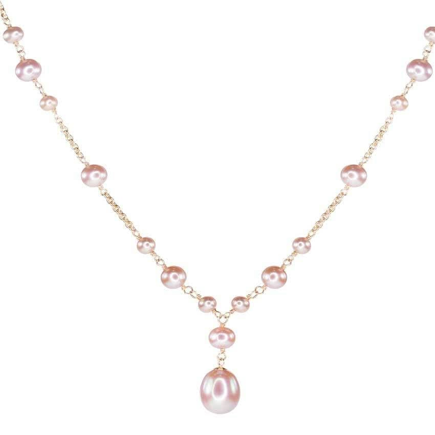 14k Pink Freshwater Pearl Bead Necklace With OBL Drop 17"