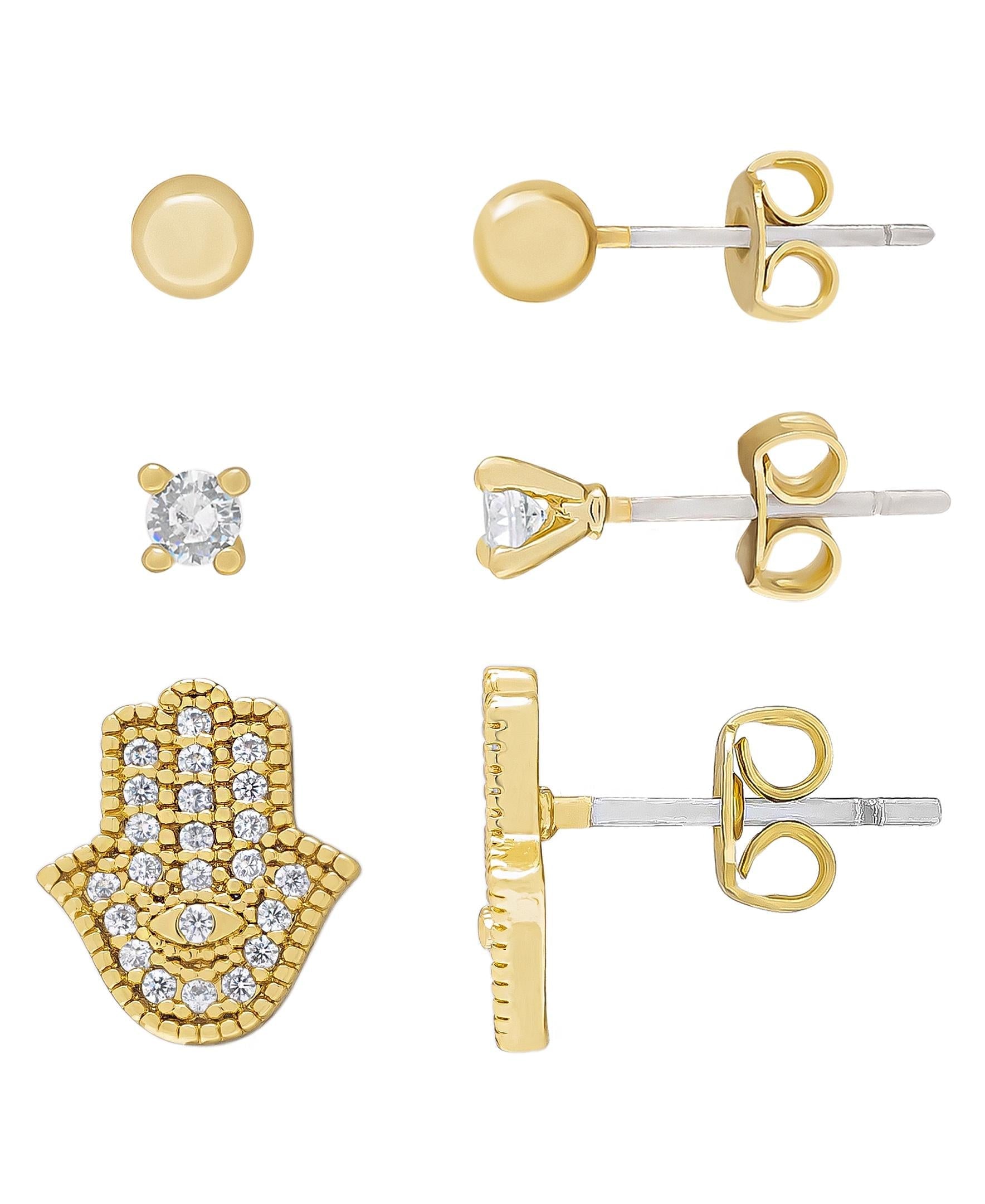 Gold Plated Ball, CZ Round & Hamsa Hand Stud 3PC Stud Set Earrings